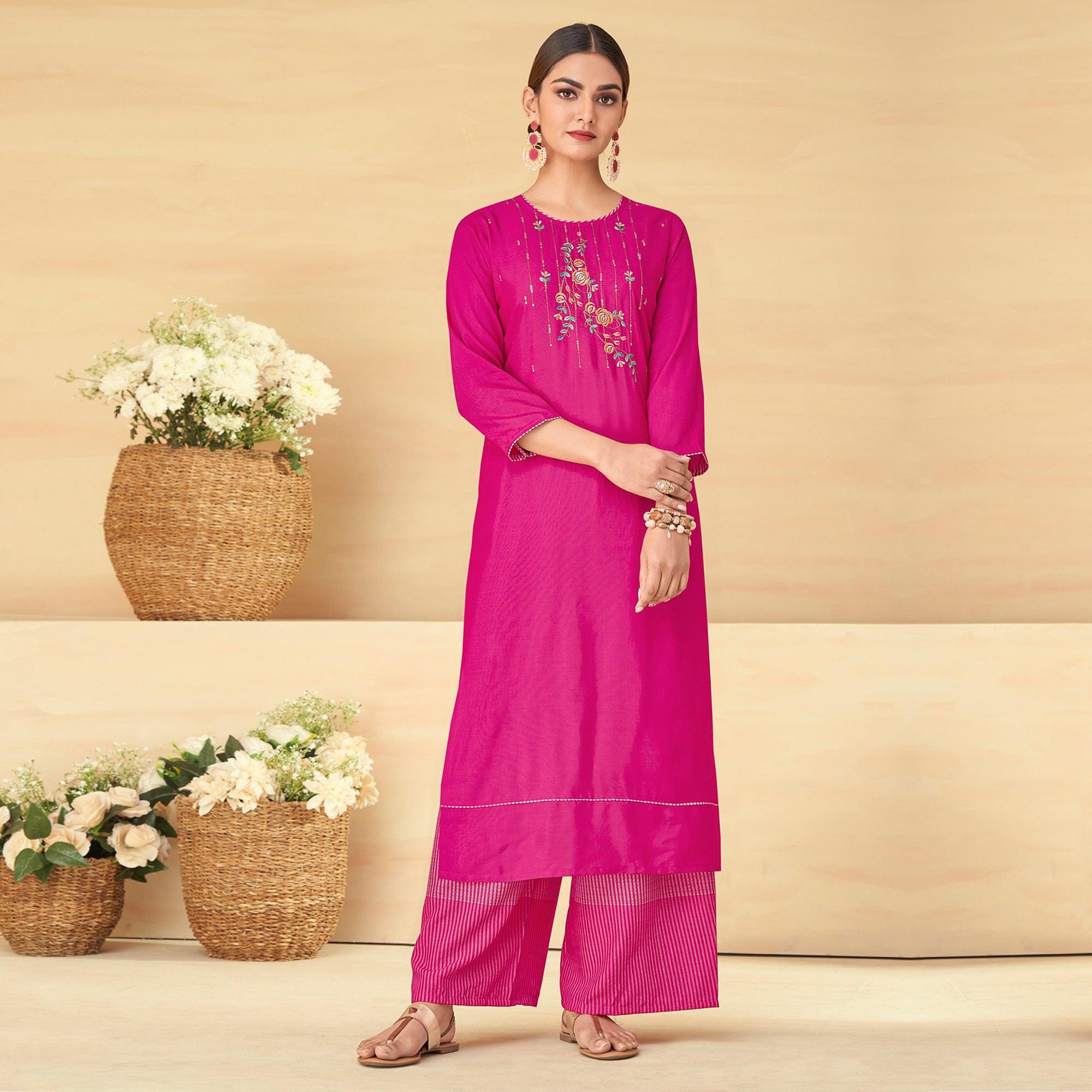 Pink Partywear Floral Embroidered Rayon Kurti Palazzo Set - Peachmode