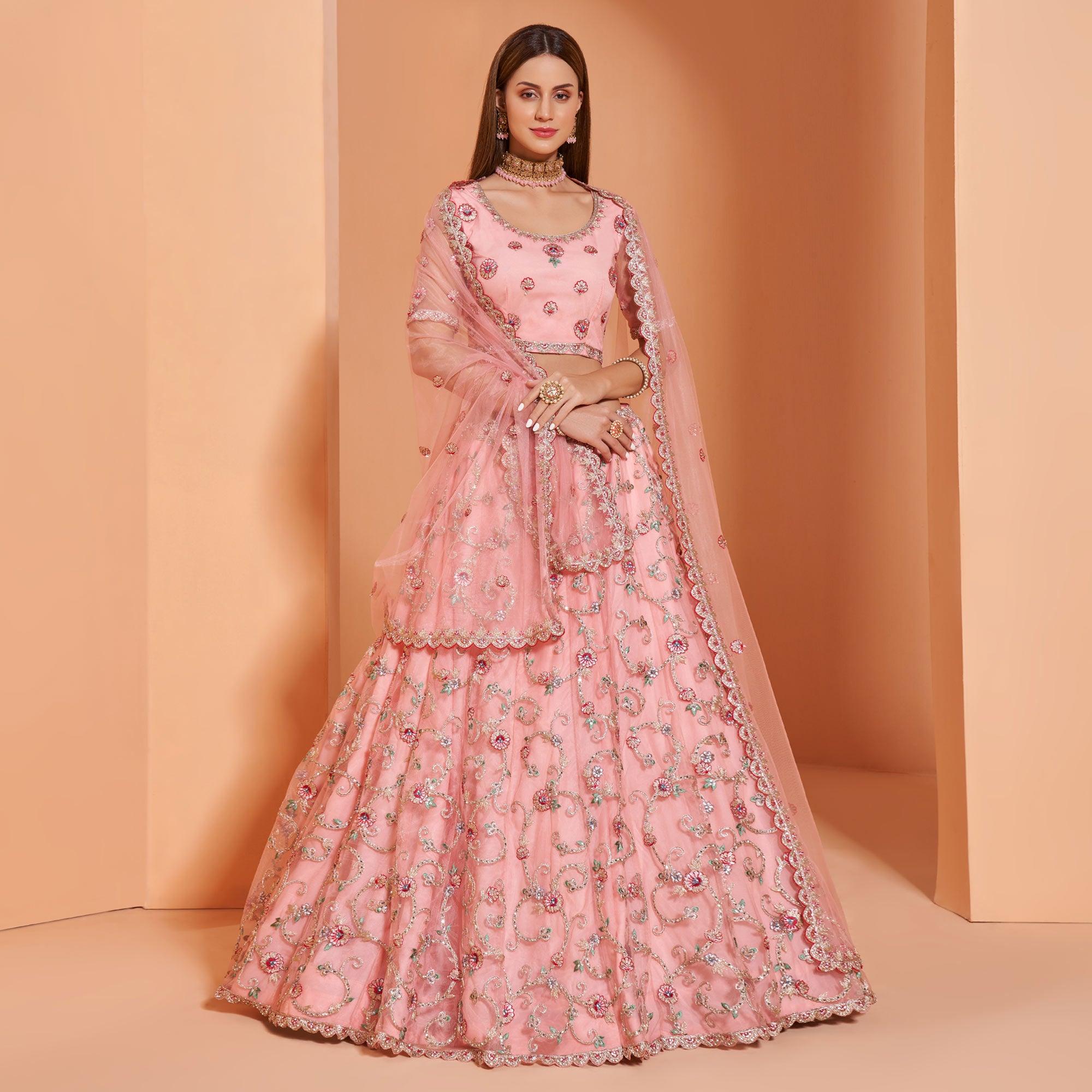 Pink Partywear Floral Embroidered With Embellished Net Lehenga Choli - Peachmode