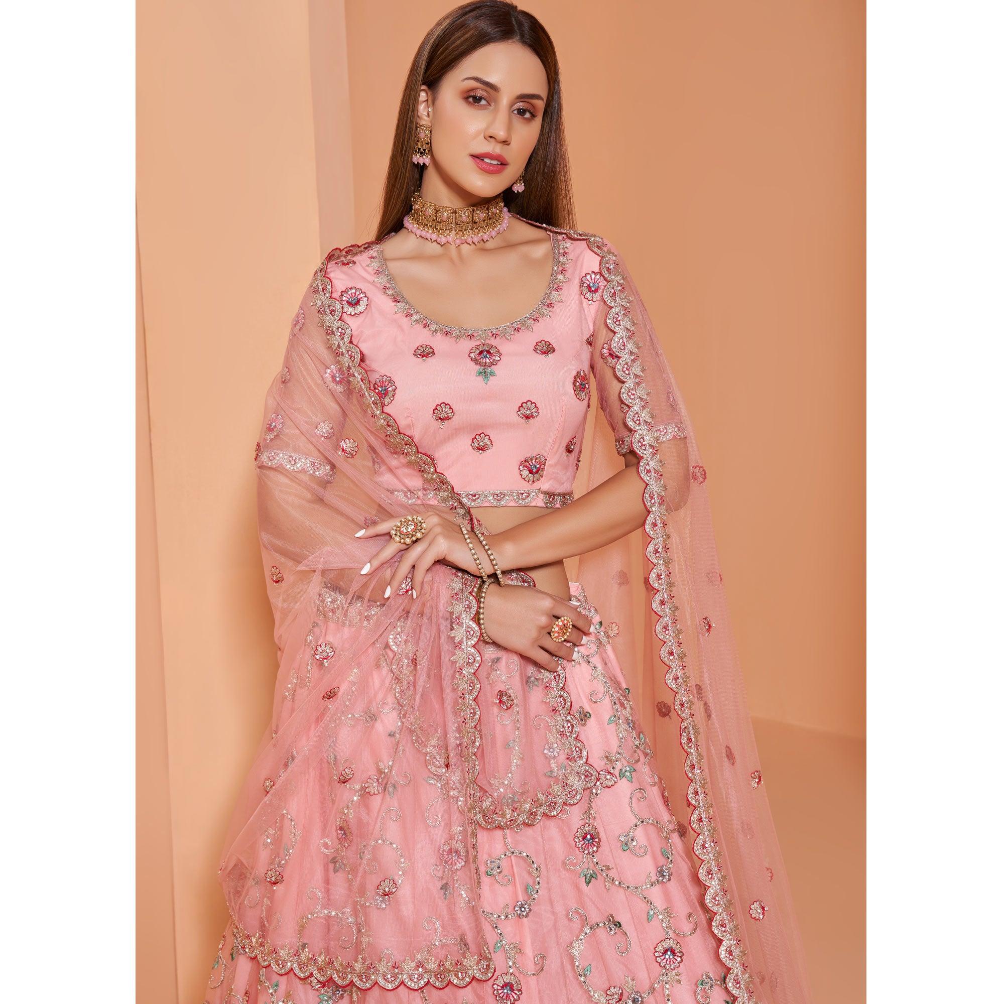 Pink Partywear Floral Embroidered With Embellished Net Lehenga Choli - Peachmode