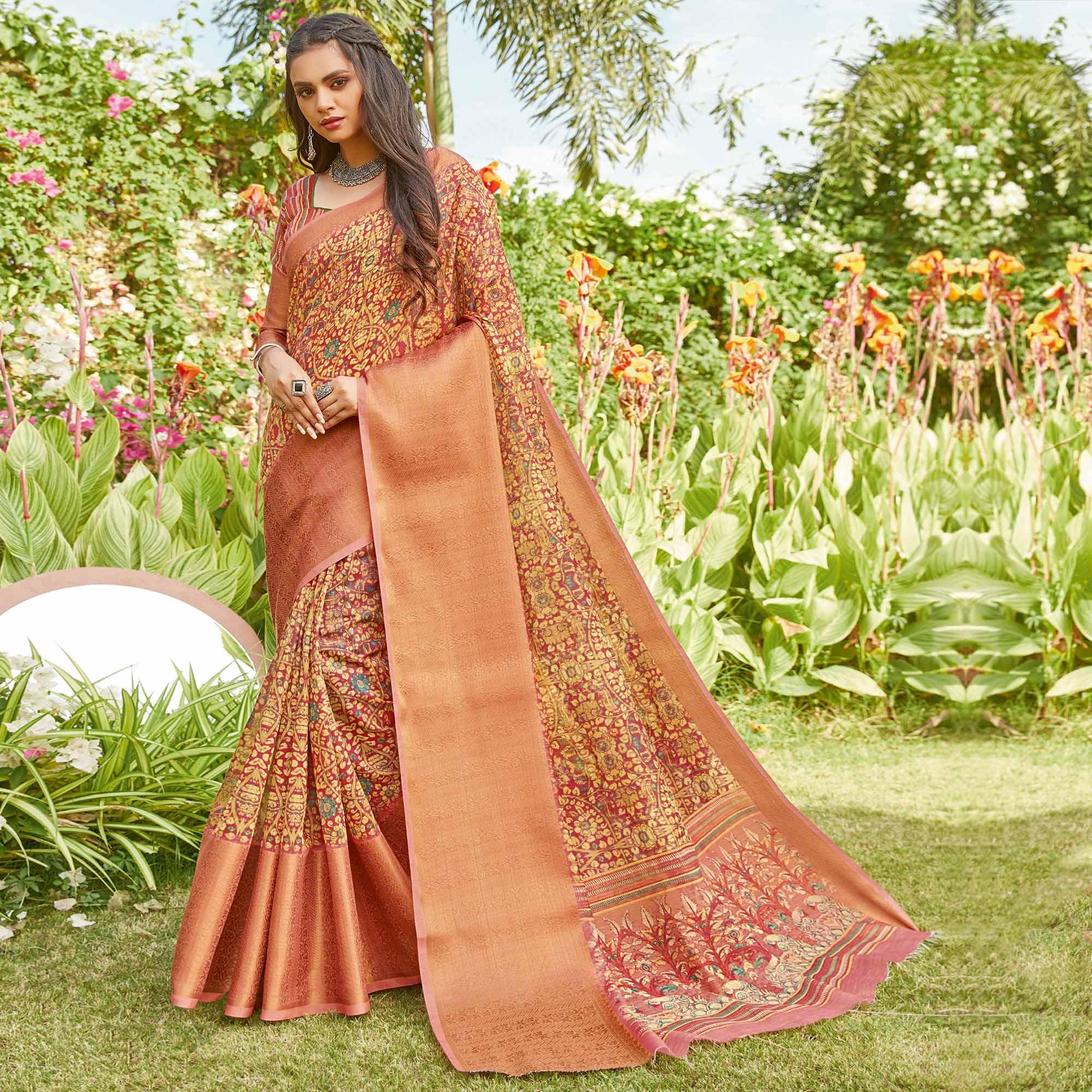 Pink Partywear Floral Printed Linen Saree - Peachmode