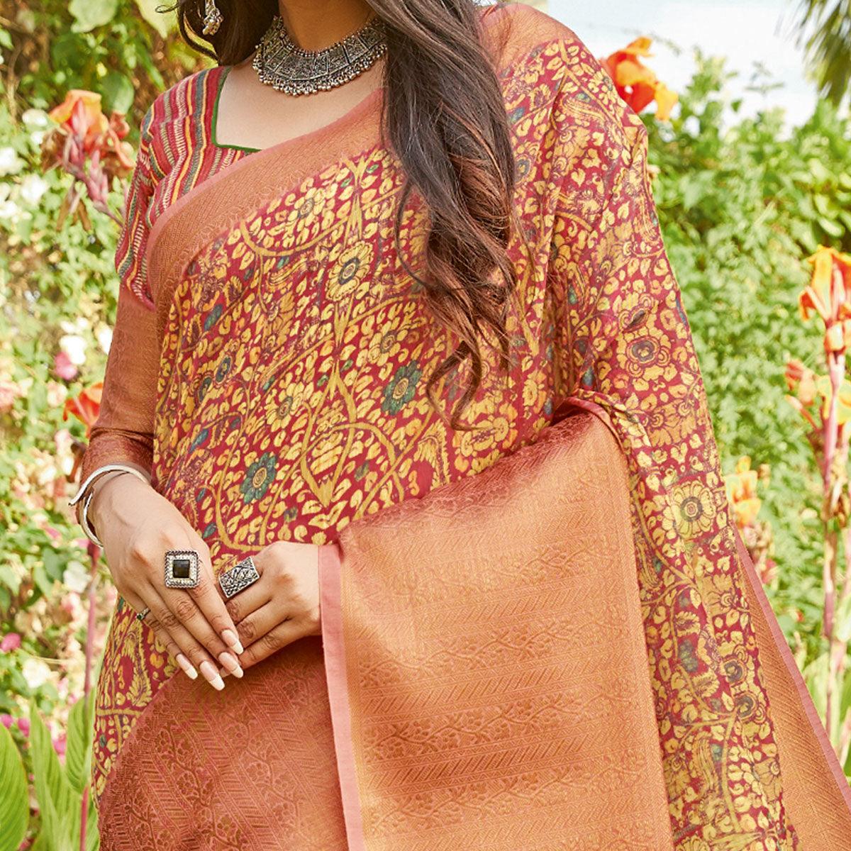Pink Partywear Floral Printed Linen Saree - Peachmode