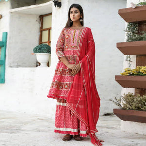 Pink Partywear Floral With Lace Work Cotton Sharara Suit - Peachmode