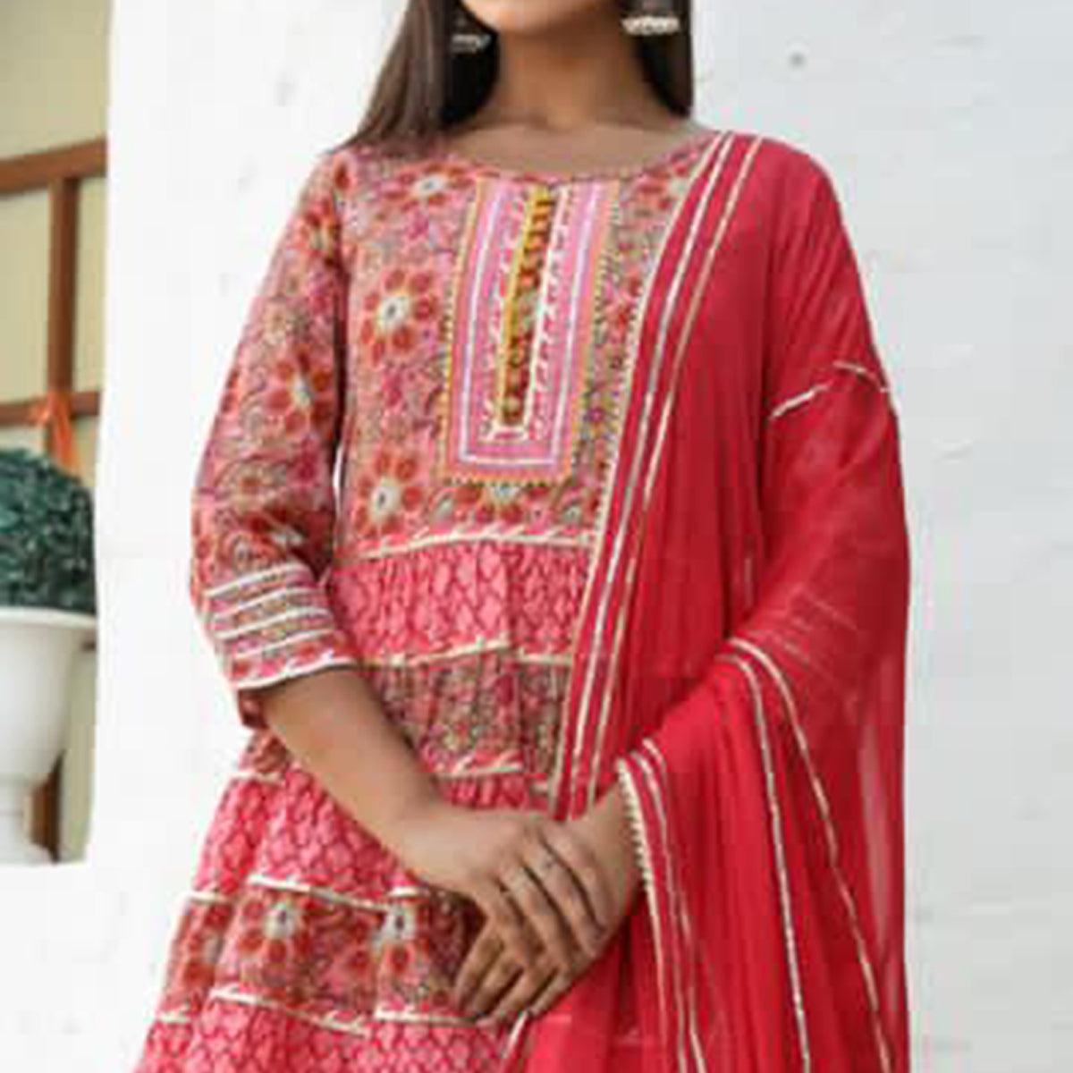 Pink Partywear Floral With Lace Work Cotton Sharara Suit - Peachmode