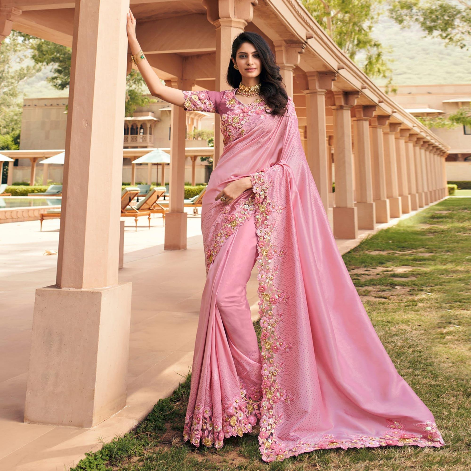 Pink Partywear Foil Print & Embroidered Russian Silk Saree - Peachmode