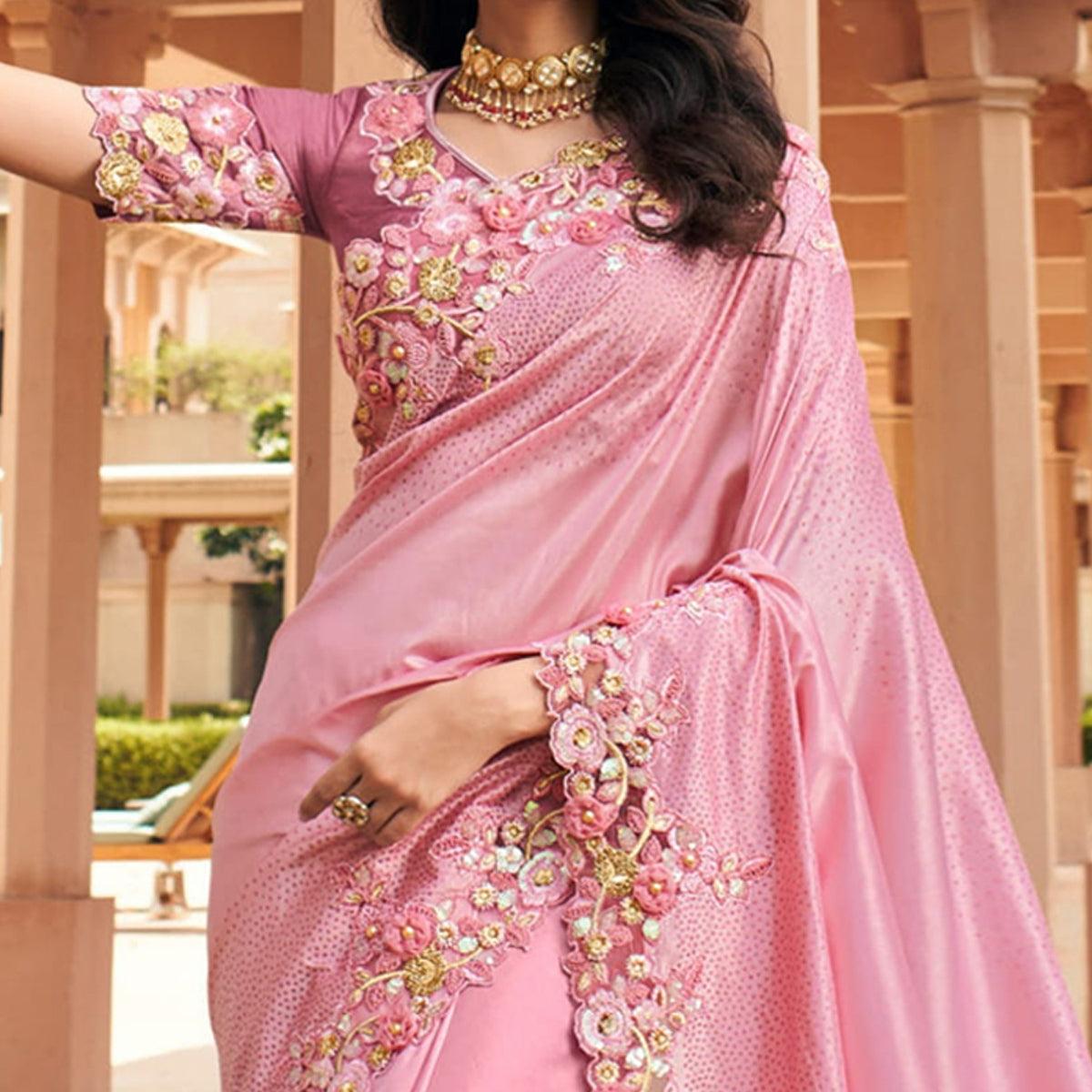 Pink Partywear Foil Print & Embroidered Russian Silk Saree - Peachmode