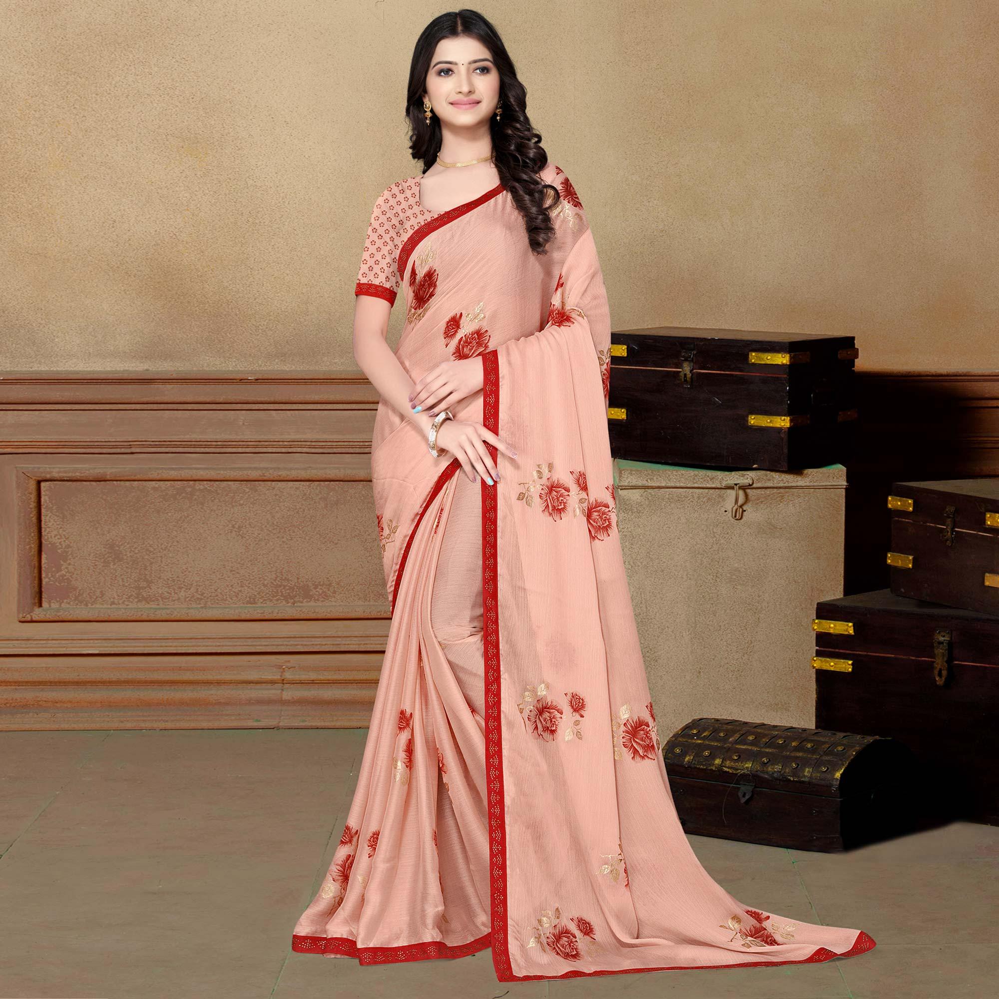 Pink Partywear Foil Printed & Embellished Moss Chiffon Saree - Peachmode
