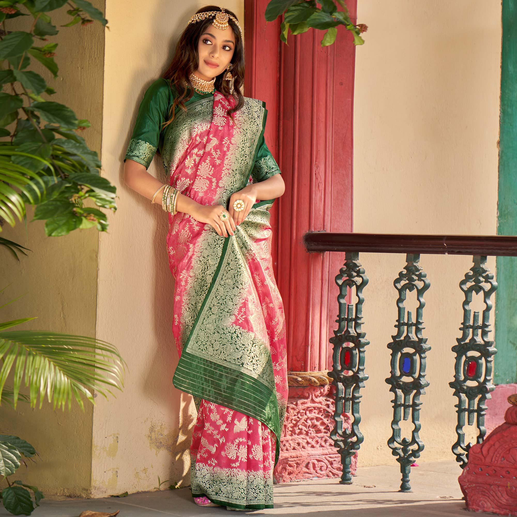 Pink Partywear Foil Printed Silk Organza Saree - Peachmode