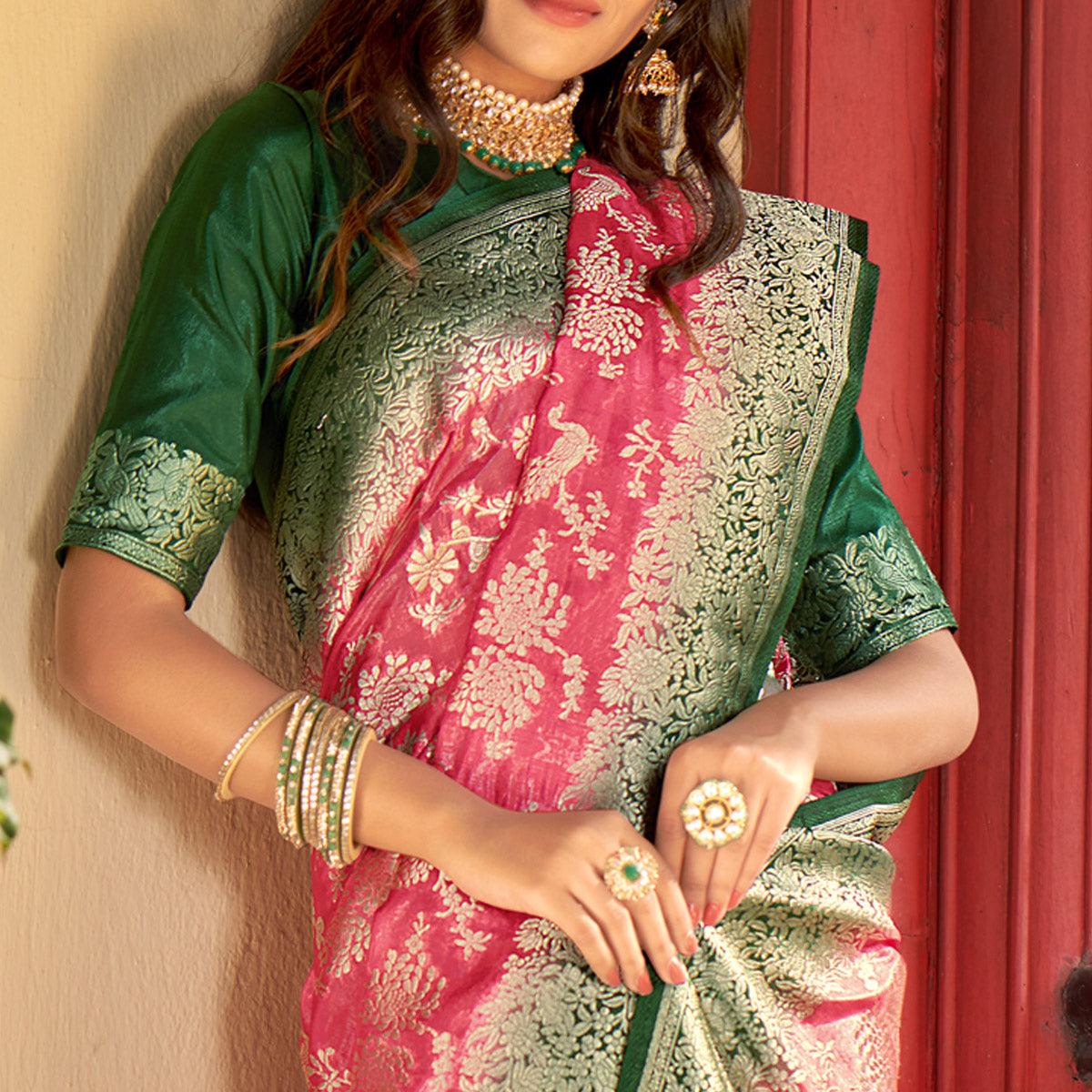 Pink Partywear Foil Printed Silk Organza Saree - Peachmode