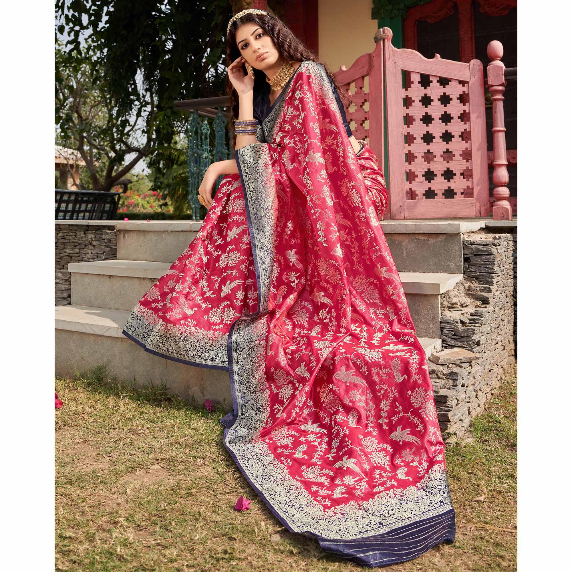Pink Partywear Foil Printed Silk Organza Saree - Peachmode
