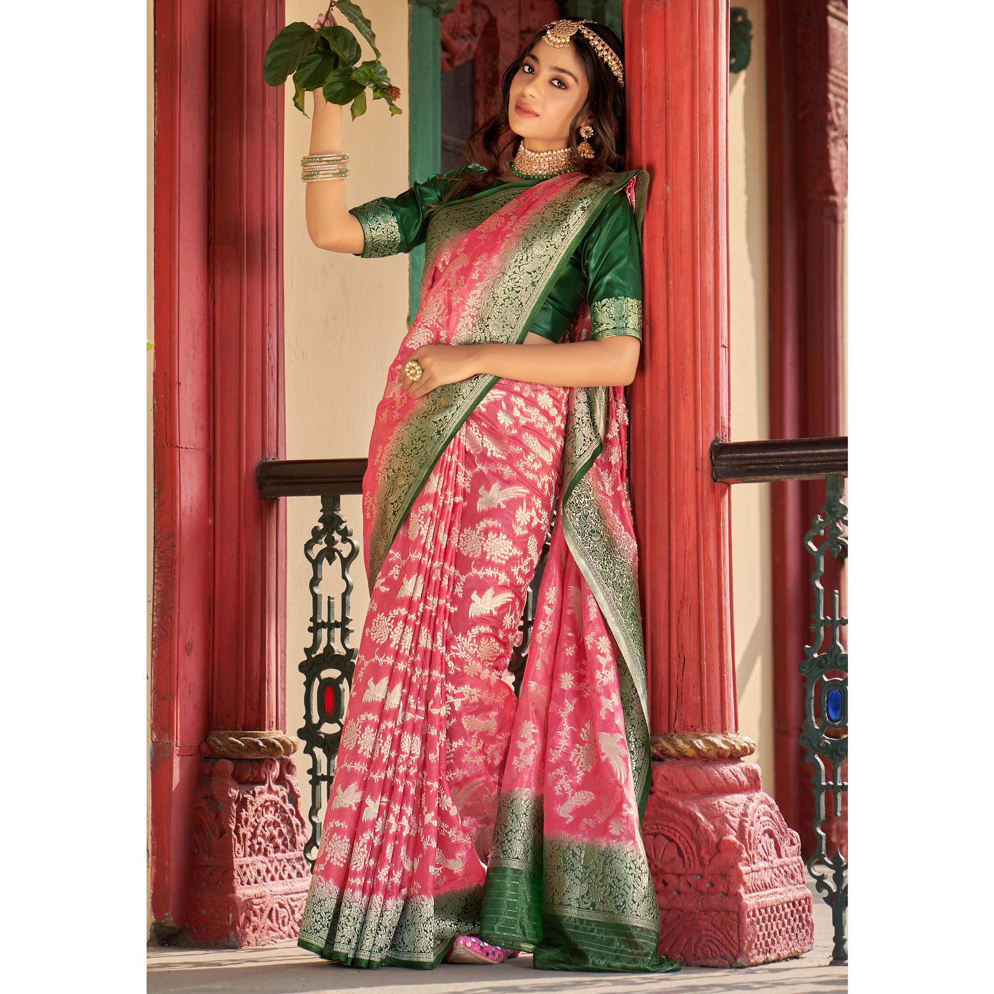 Pink Partywear Foil Printed Silk Organza Saree - Peachmode