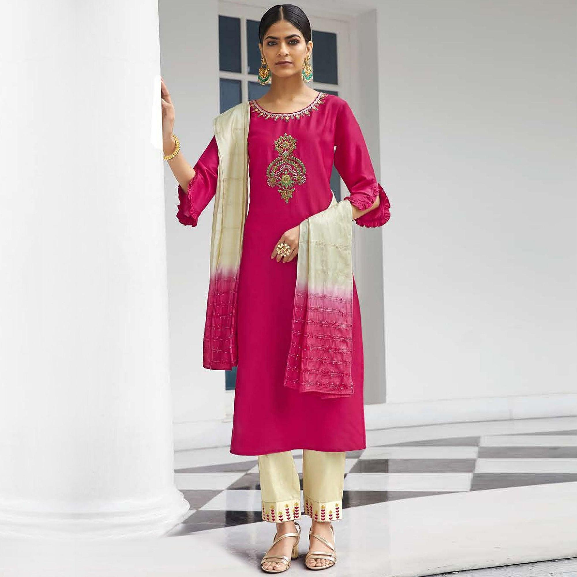 Pink Partywear Heavy Hand Work Bember Silk Suit - Peachmode