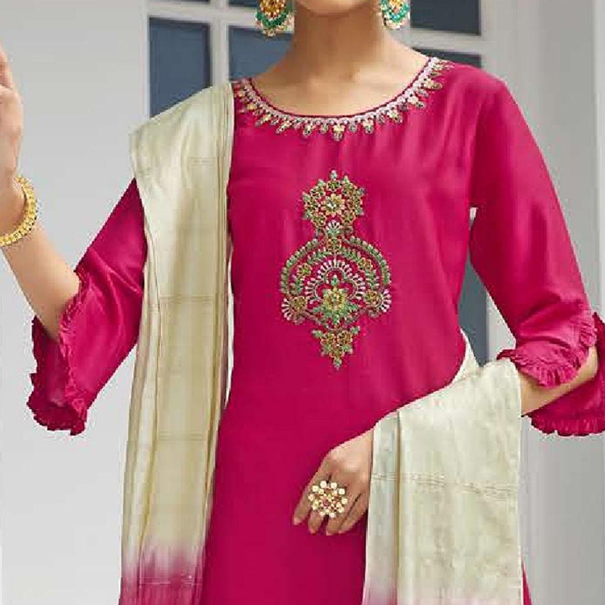Pink Partywear Heavy Hand Work Bember Silk Suit - Peachmode