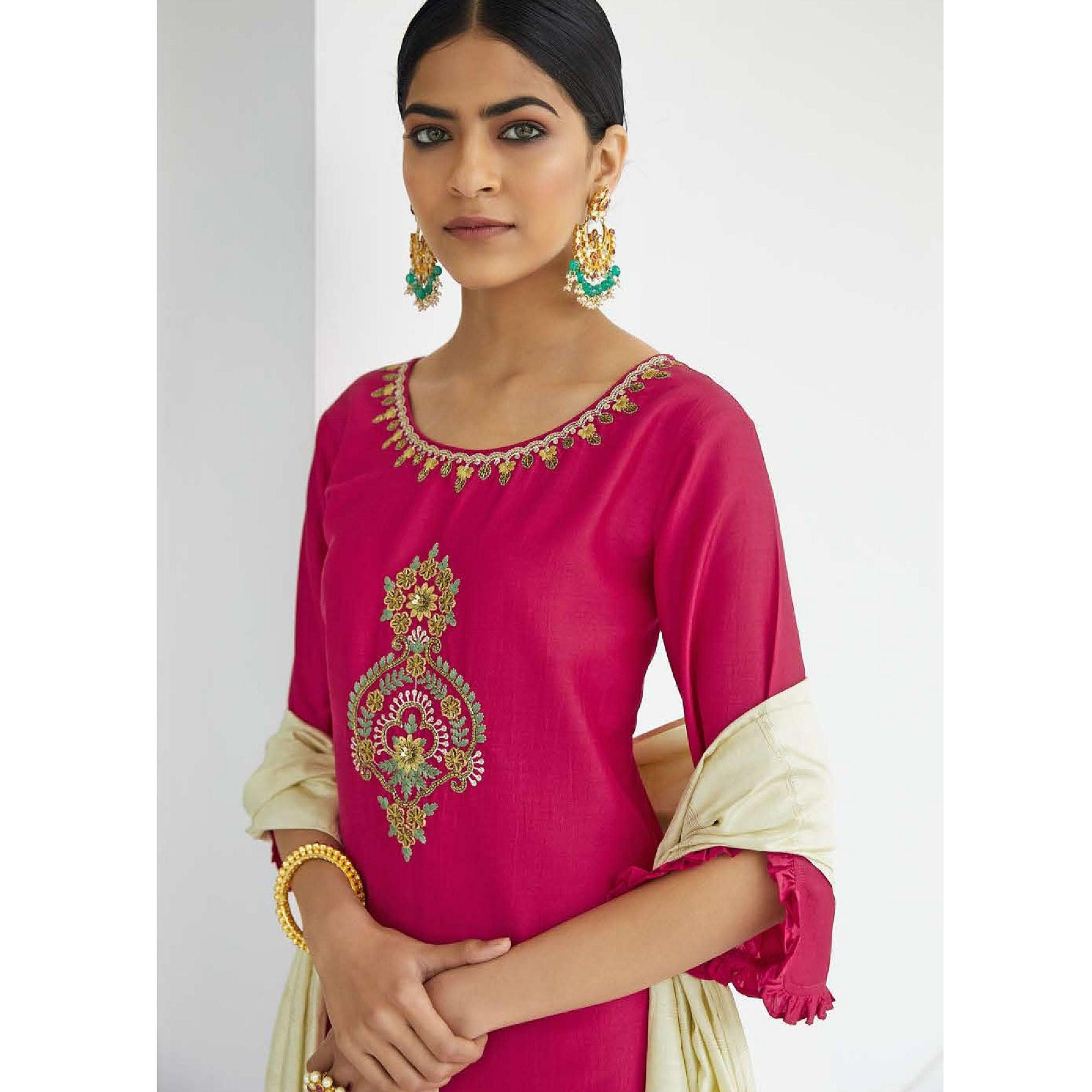 Pink Partywear Heavy Hand Work Bember Silk Suit - Peachmode