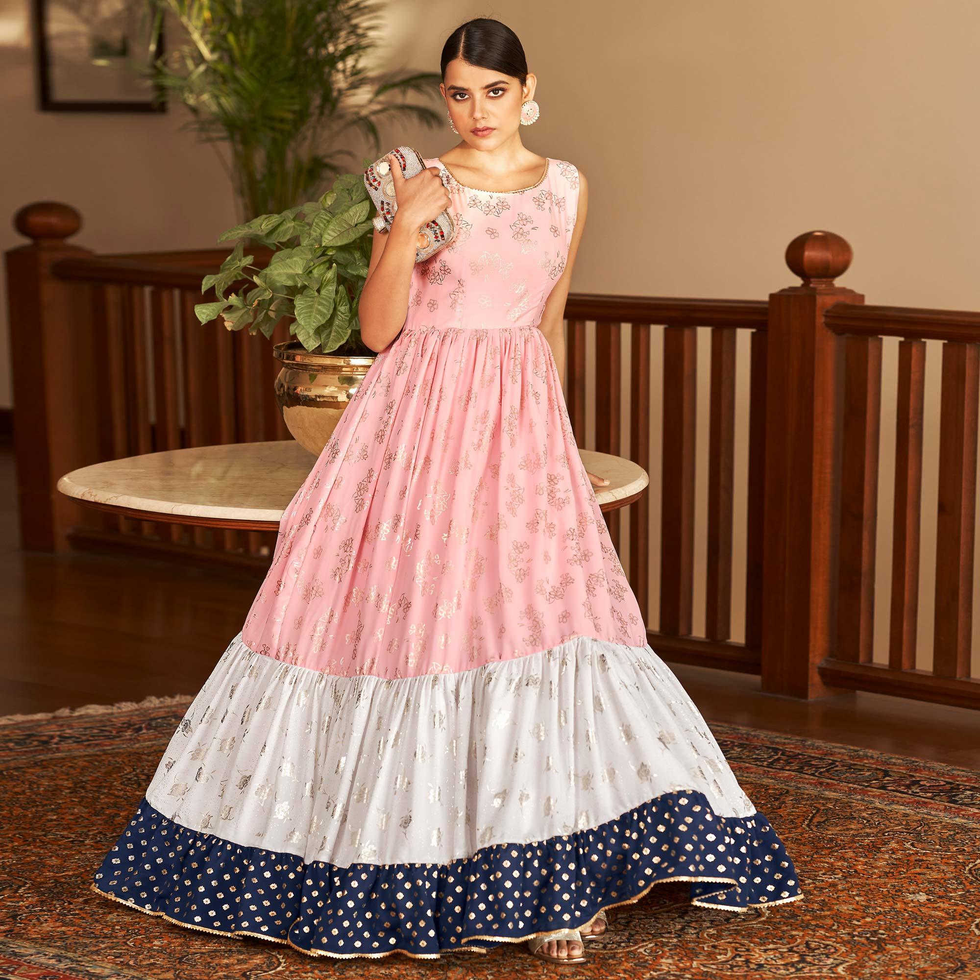 Pink Partywear Metallic Foil Work Georgette Gown - Peachmode