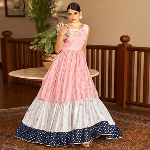 Pink Partywear Metallic Foil Work Georgette Gown - Peachmode