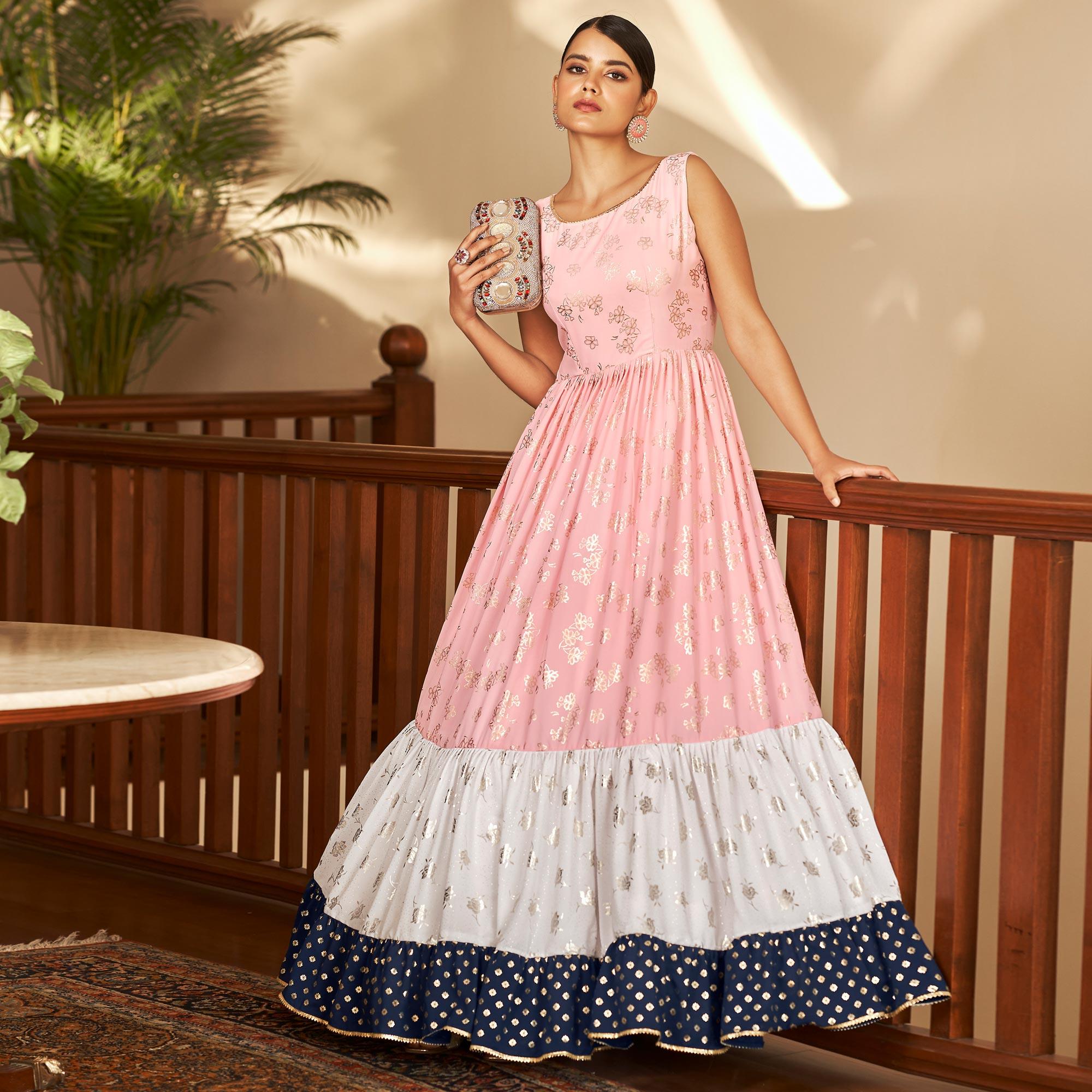 Pink Partywear Metallic Foil Work Georgette Gown - Peachmode