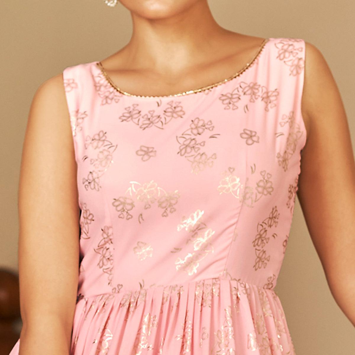 Pink Partywear Metallic Foil Work Georgette Gown - Peachmode