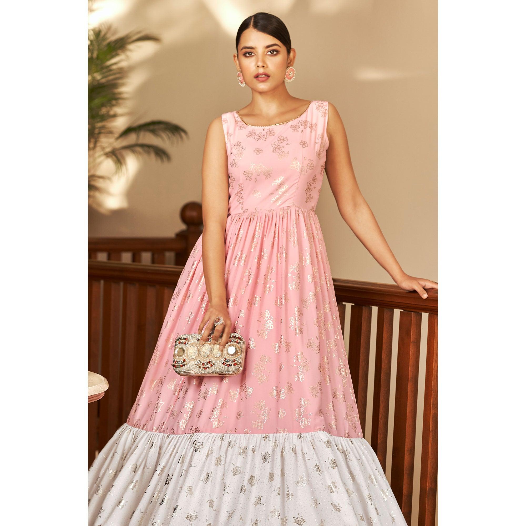 Pink Partywear Metallic Foil Work Georgette Gown - Peachmode