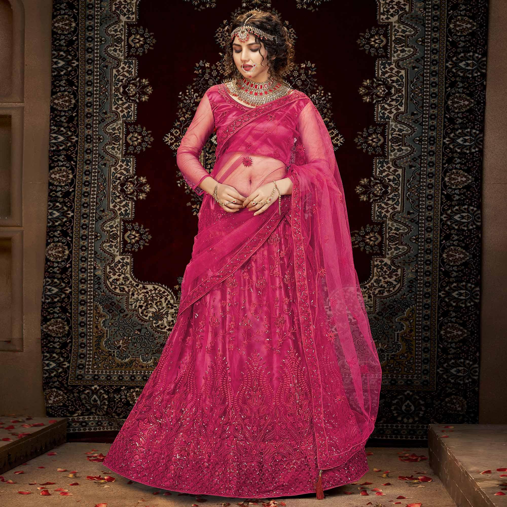 Pink Partywear Multi Sequence Embroidered Net Lehenga Choli - Peachmode