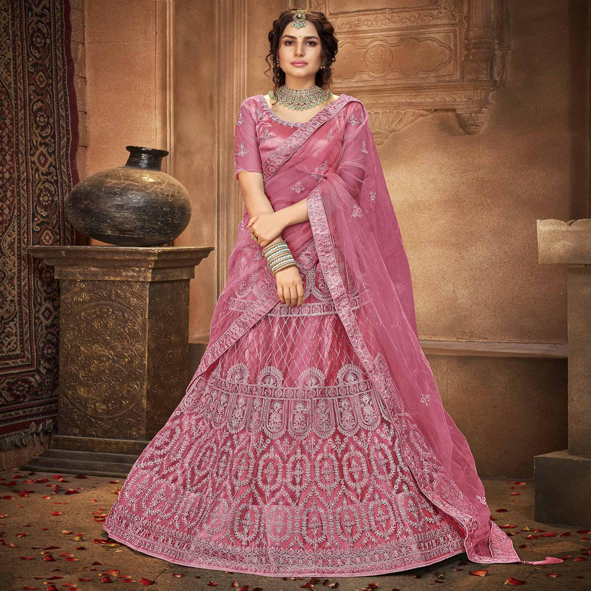 Pink Partywear Multi Sequence Embroidered Net Lehenga Choli - Peachmode