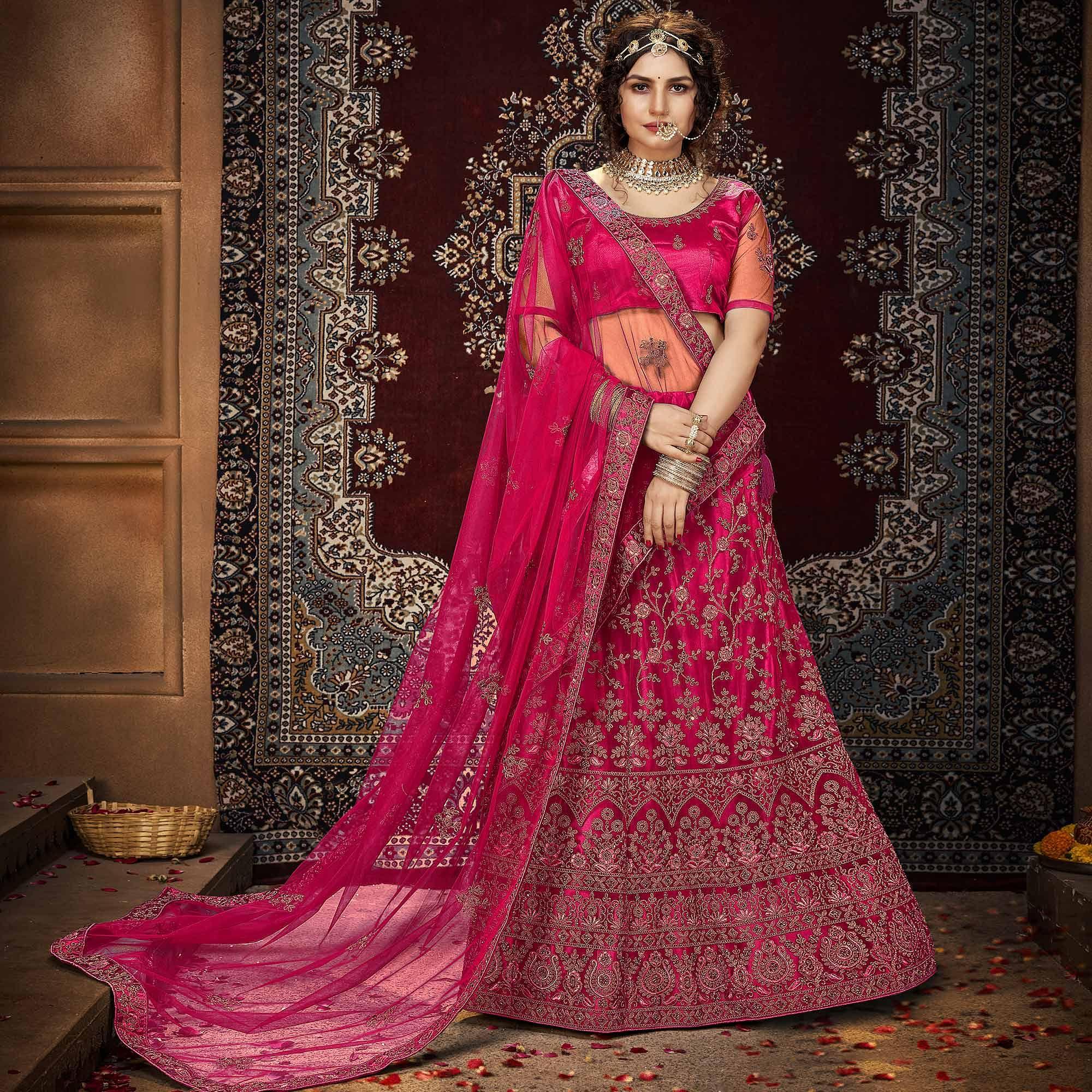 Pink Partywear Multi Sequence Embroidered Net Lehenga Choli - Peachmode