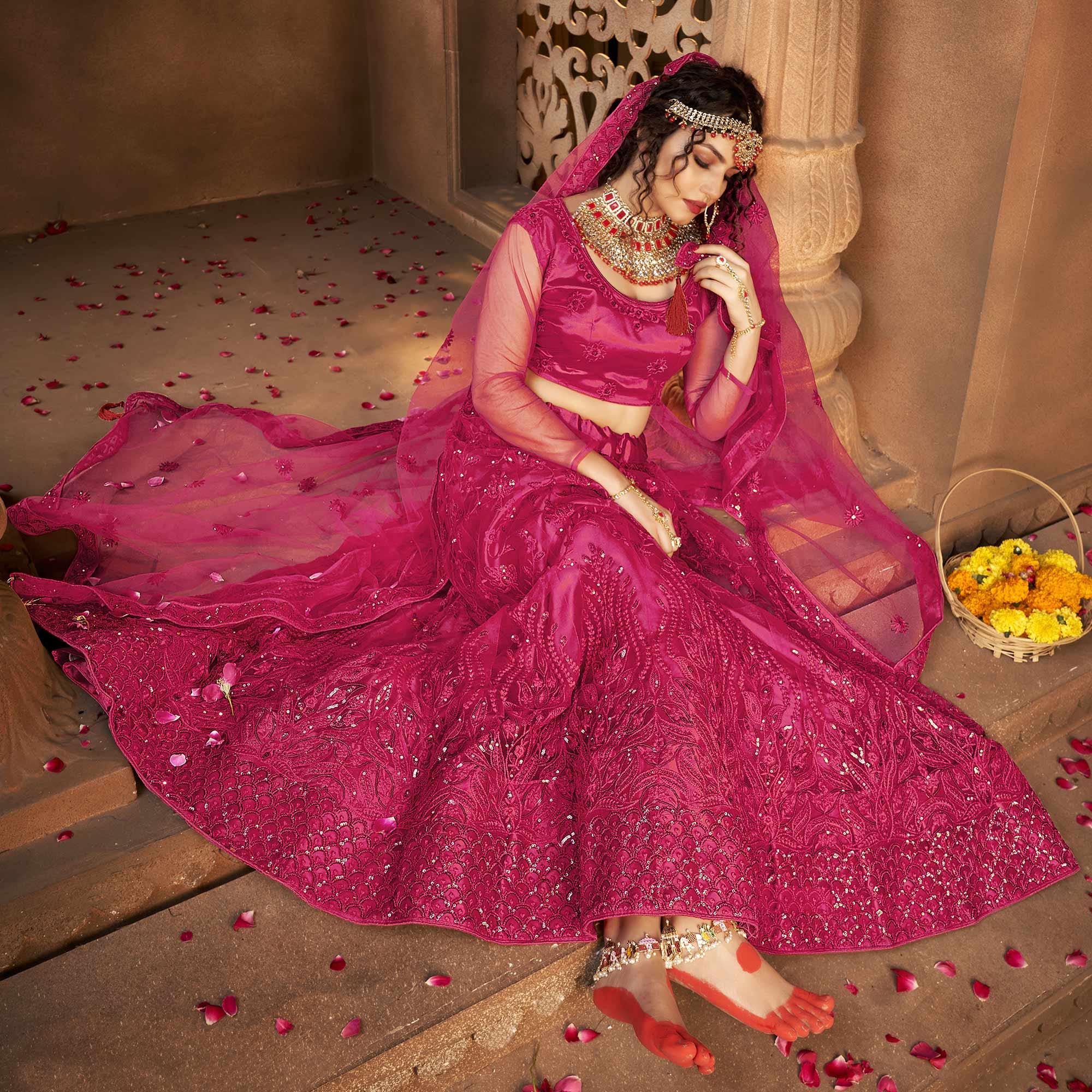 Pink Partywear Multi Sequence Embroidered Net Lehenga Choli - Peachmode