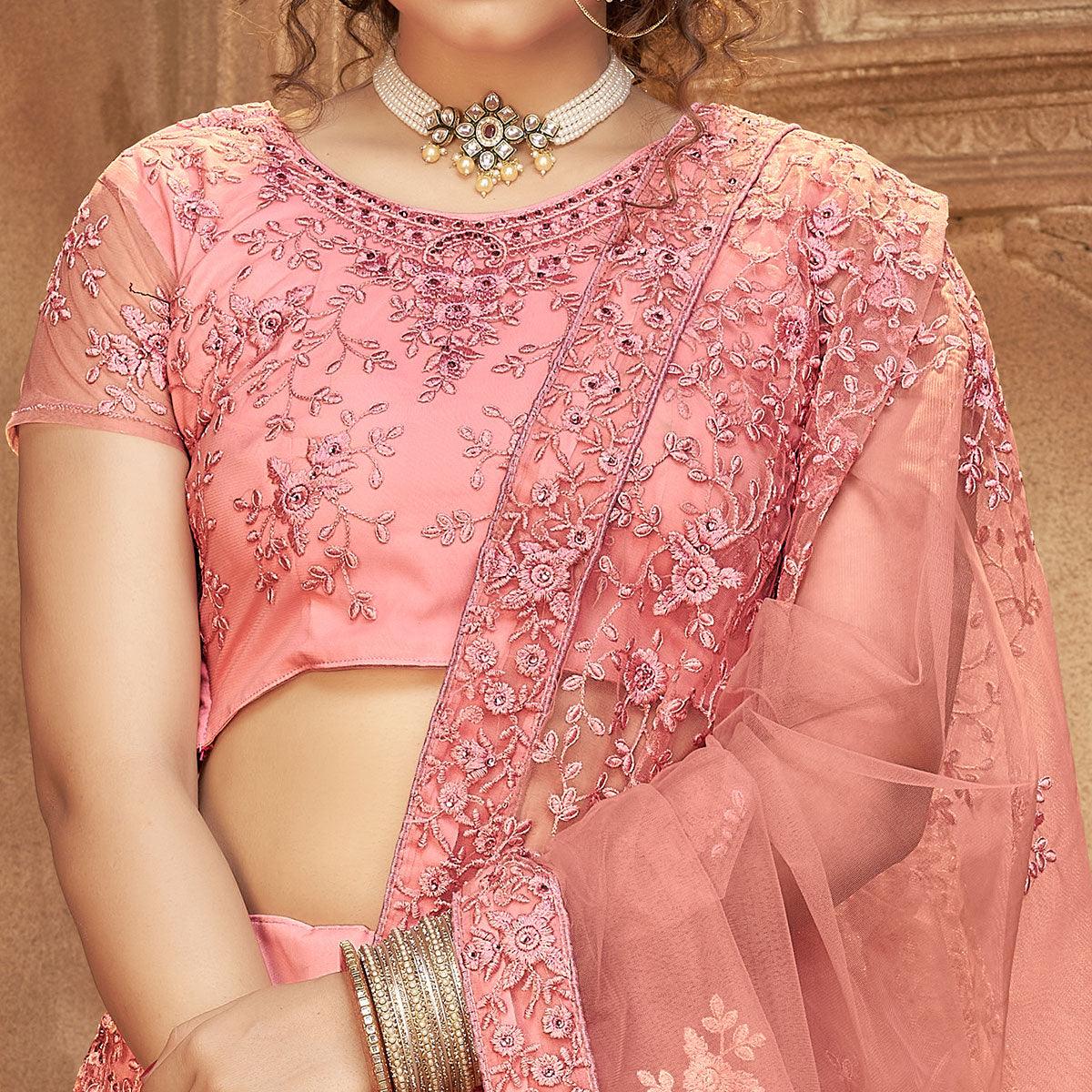 Pink Partywear Multi Sequence Embroidered Net Lehenga Choli - Peachmode