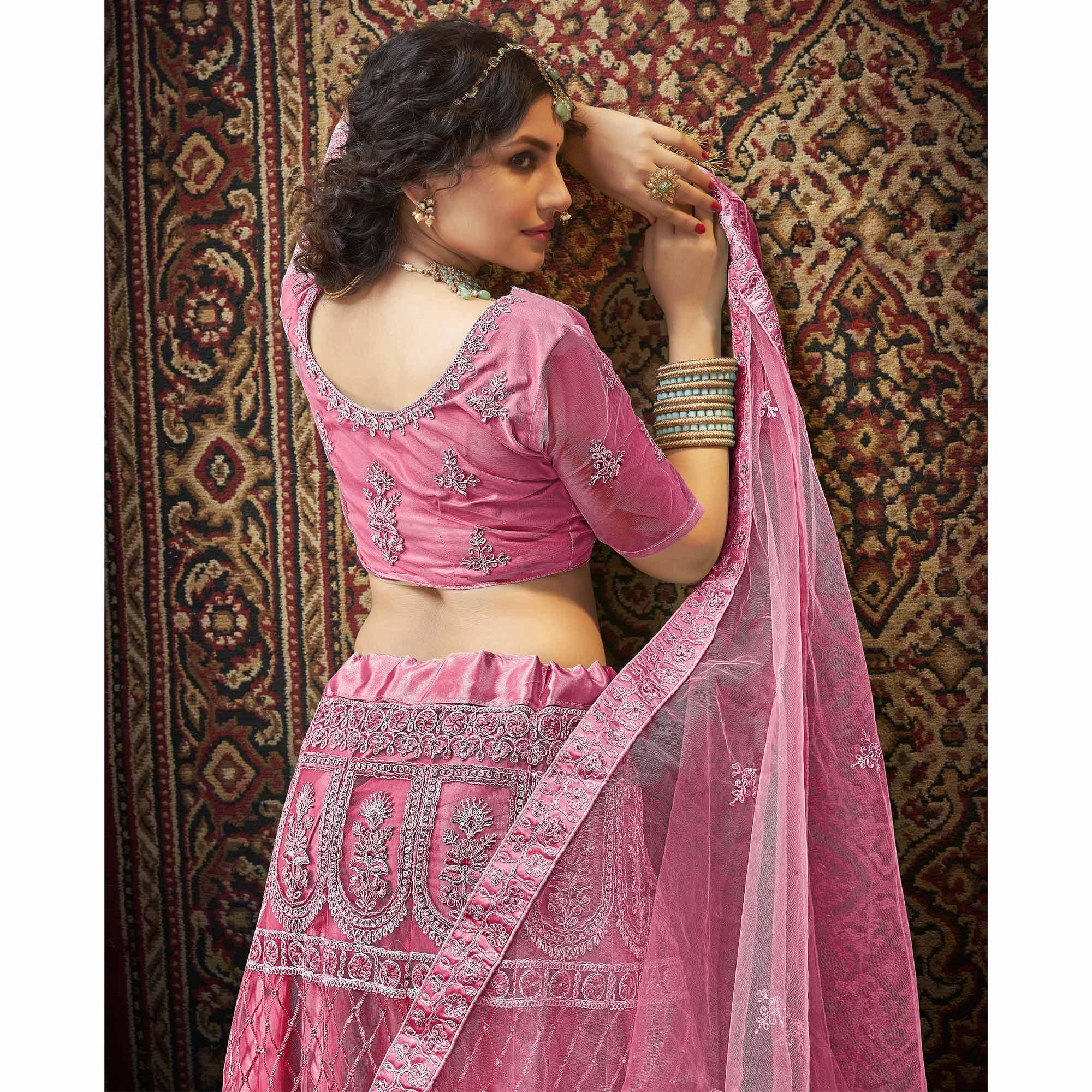 Pink Partywear Multi Sequence Embroidered Net Lehenga Choli - Peachmode