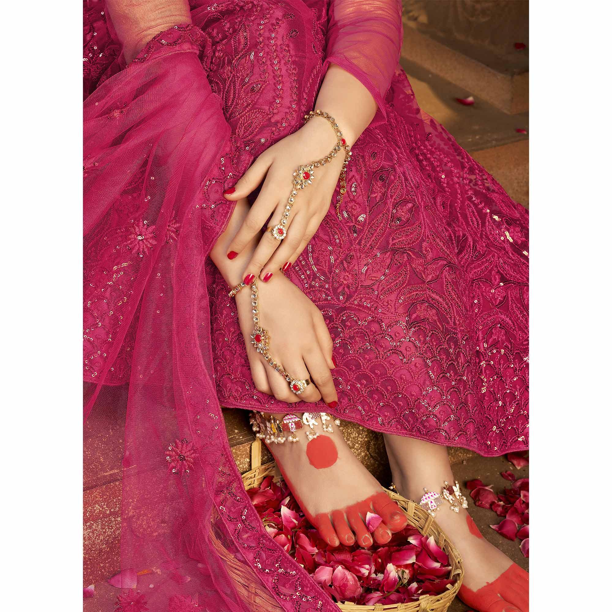 Pink Partywear Multi Sequence Embroidered Net Lehenga Choli - Peachmode