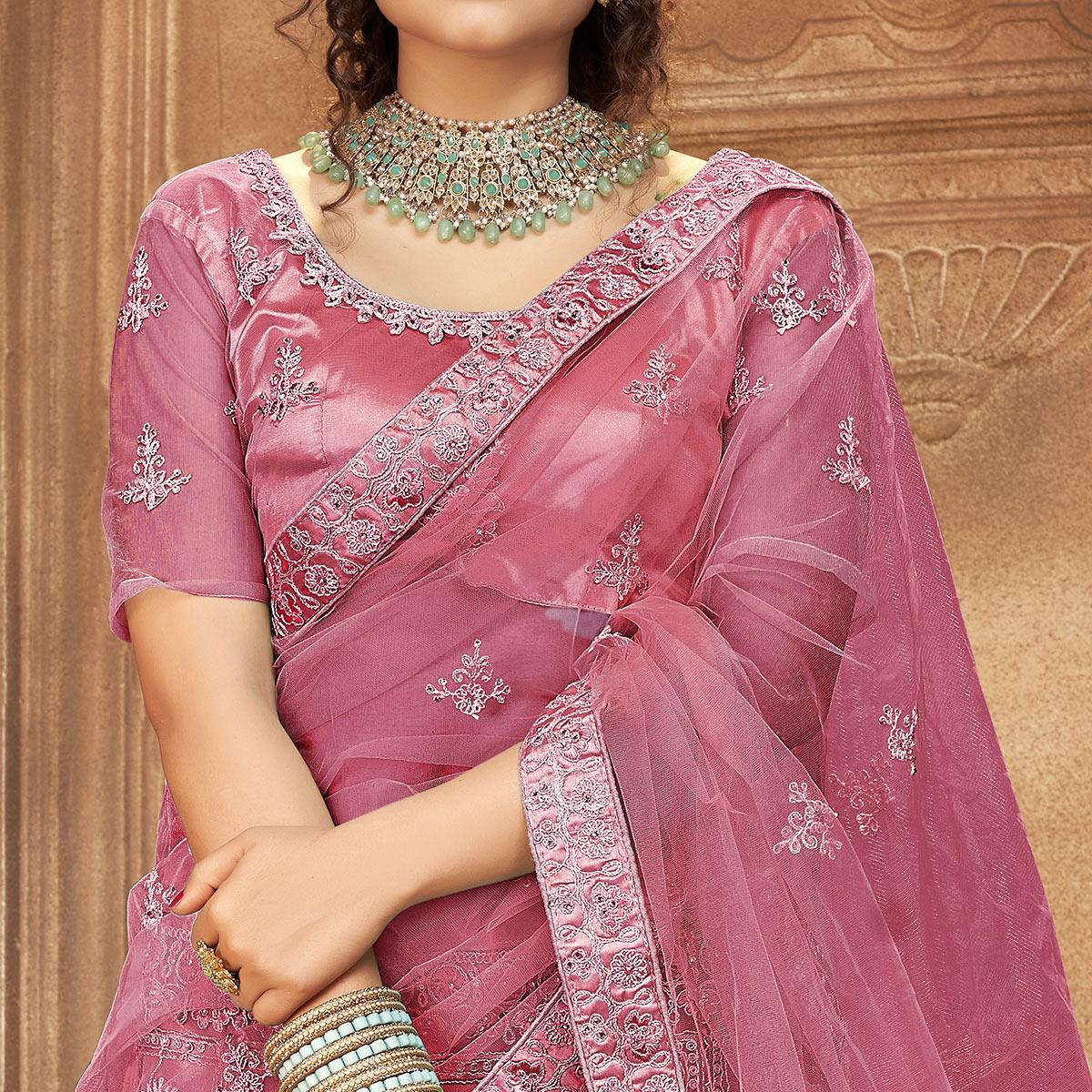 Pink Partywear Multi Sequence Embroidered Net Lehenga Choli - Peachmode