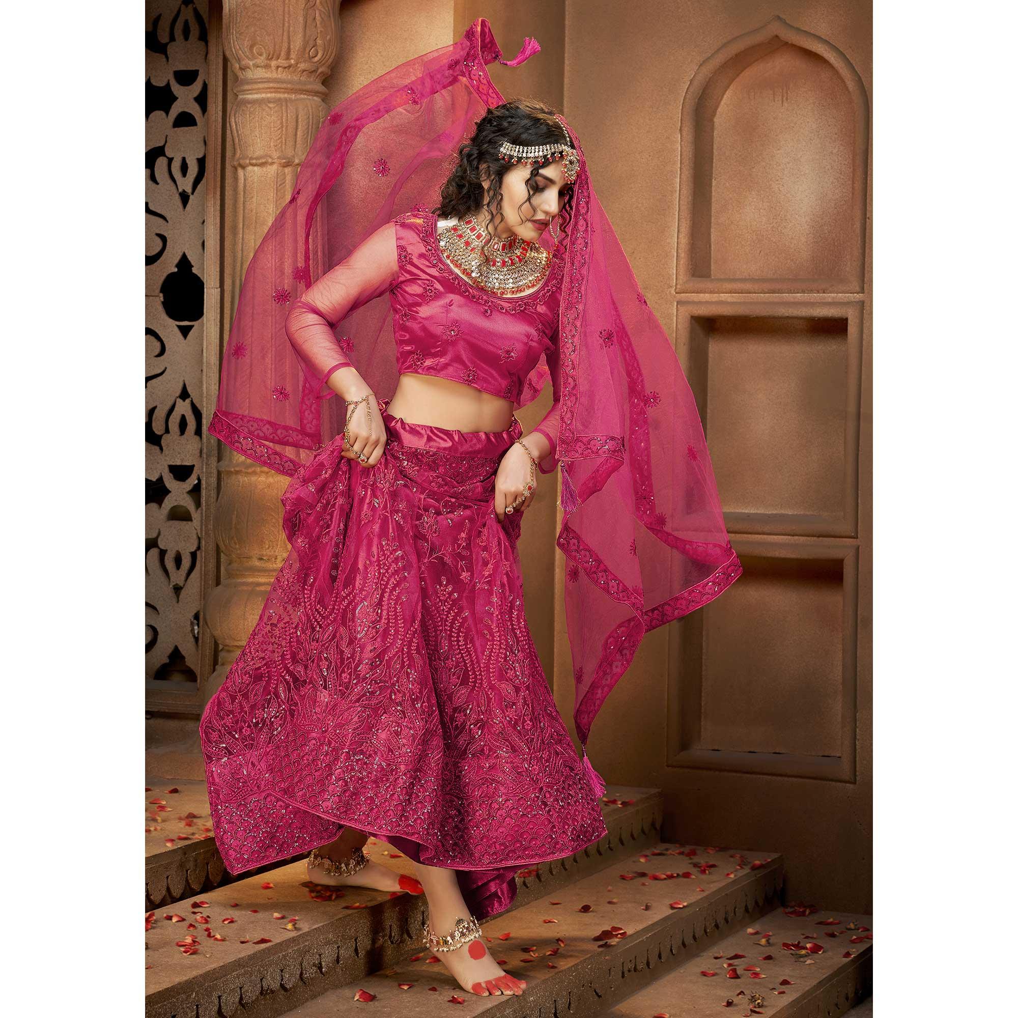 Pink Partywear Multi Sequence Embroidered Net Lehenga Choli - Peachmode