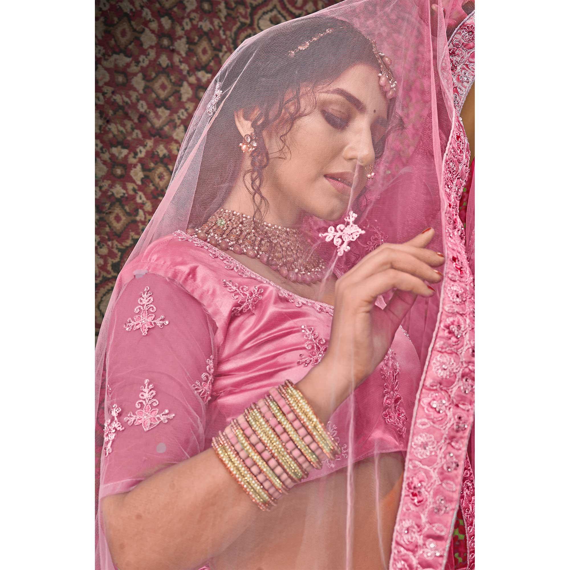 Pink Partywear Multi Sequence Embroidered Net Lehenga Choli - Peachmode