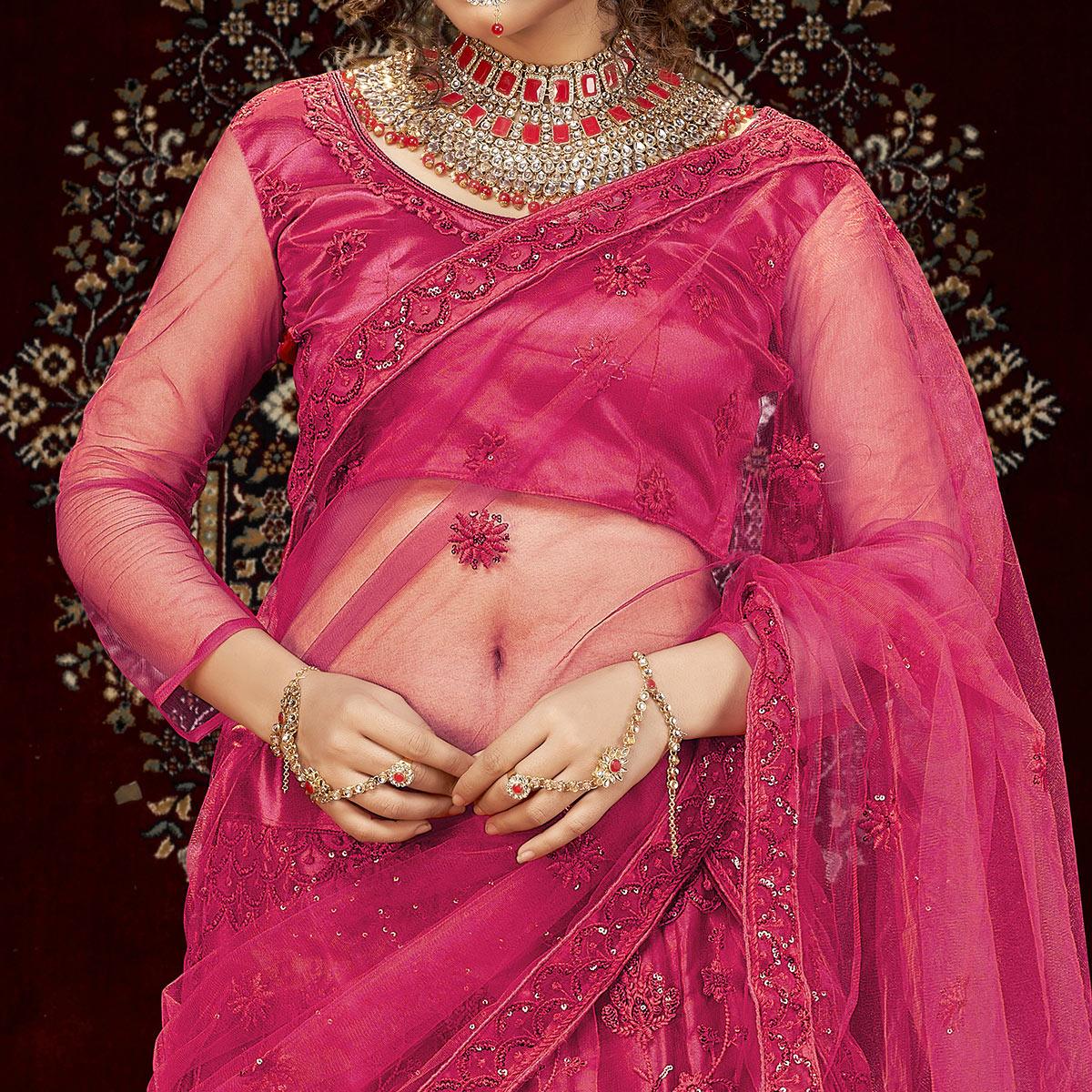 Pink Partywear Multi Sequence Embroidered Net Lehenga Choli - Peachmode