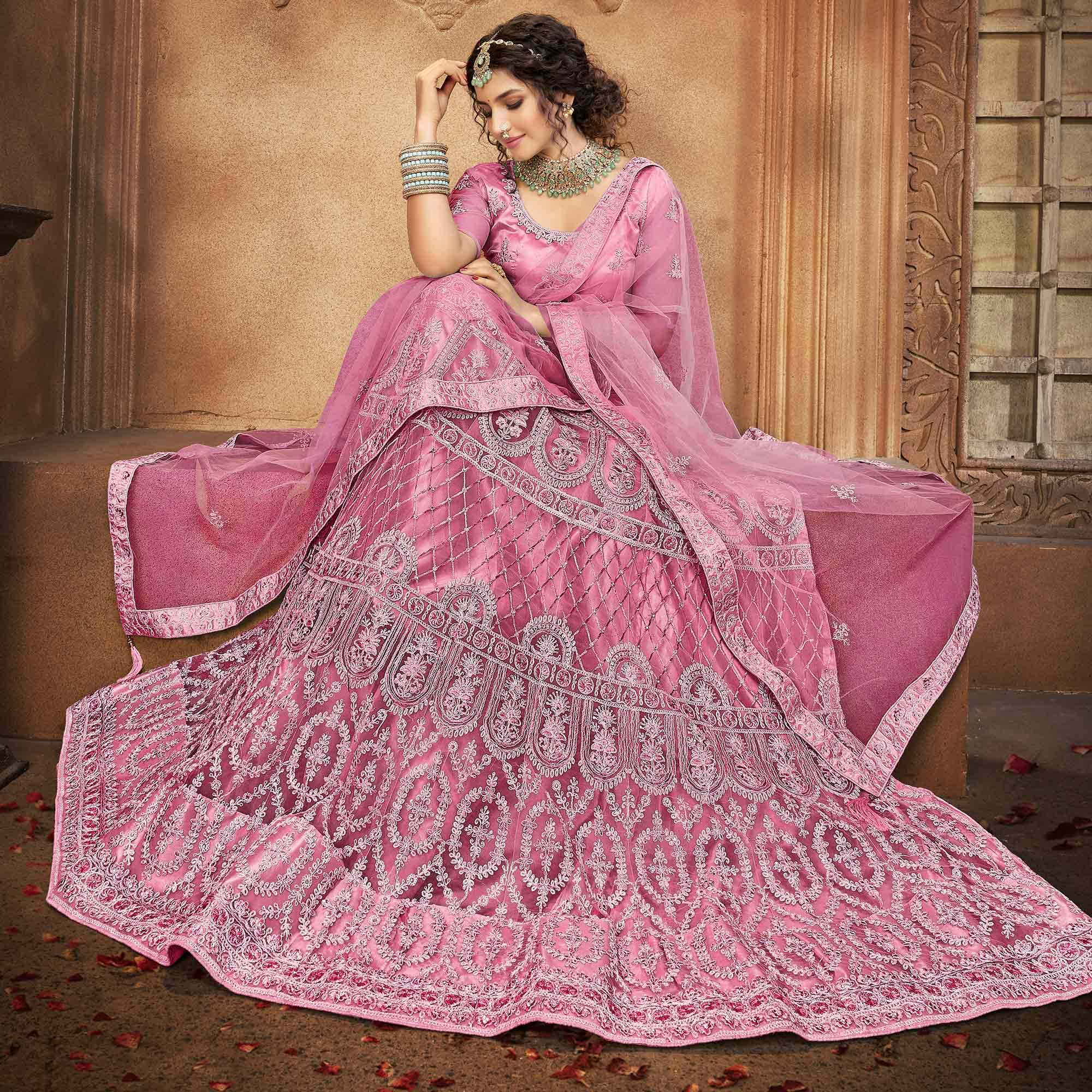 Pink Partywear Multi Sequence Embroidered Net Lehenga Choli - Peachmode
