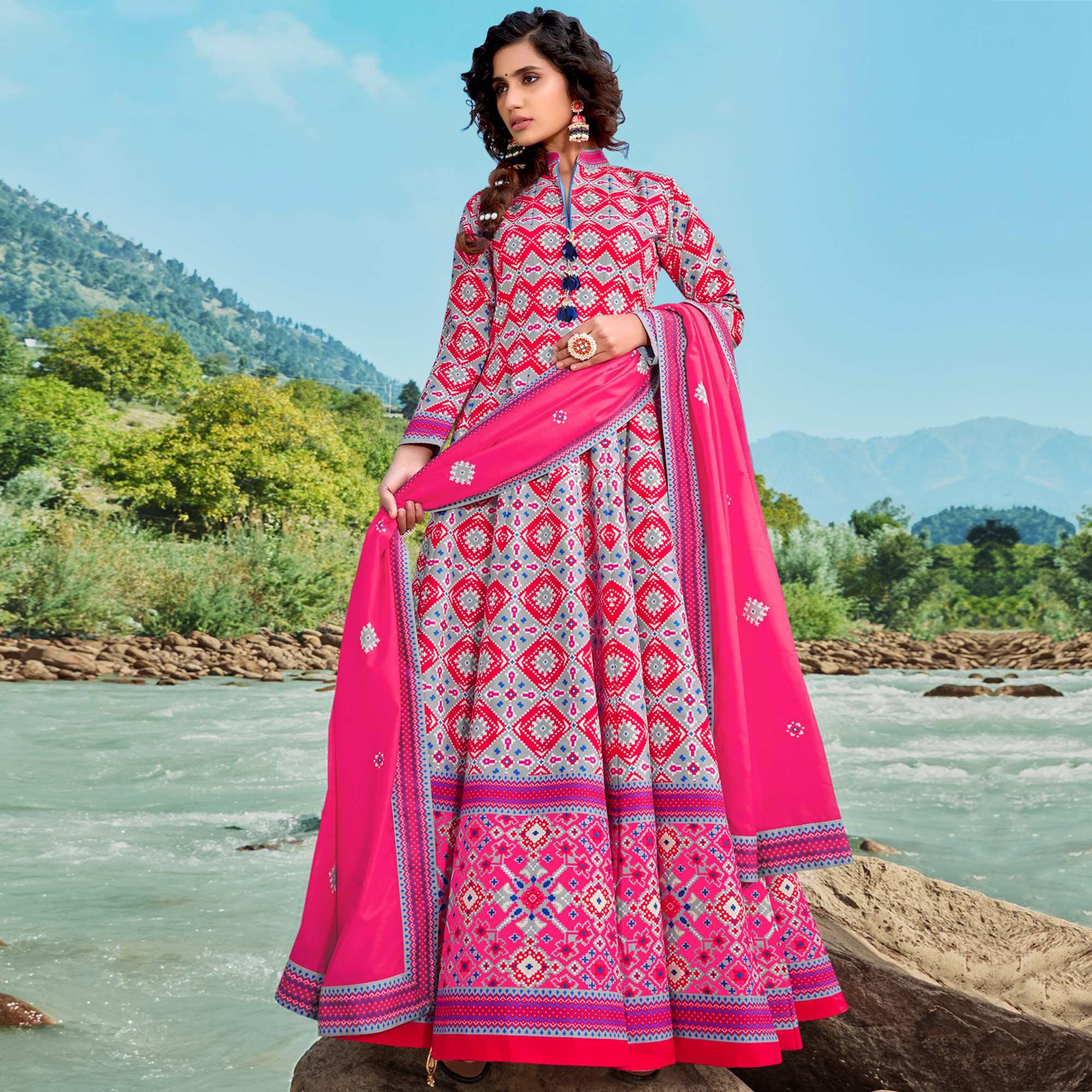 Pink Partywear Patola Digital Printed Killer Silk Anarkali Suit - Peachmode