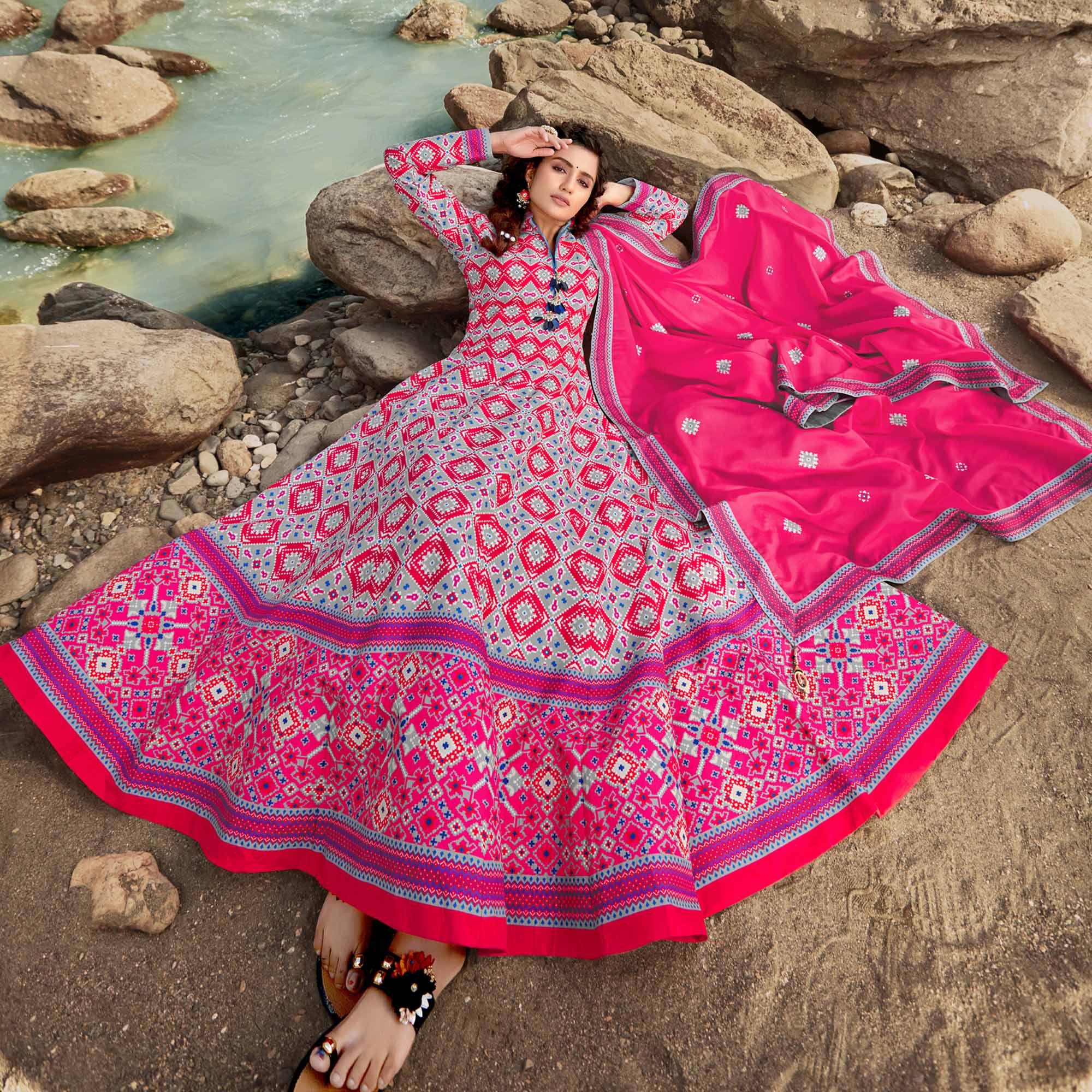 Pink Partywear Patola Digital Printed Killer Silk Anarkali Suit - Peachmode