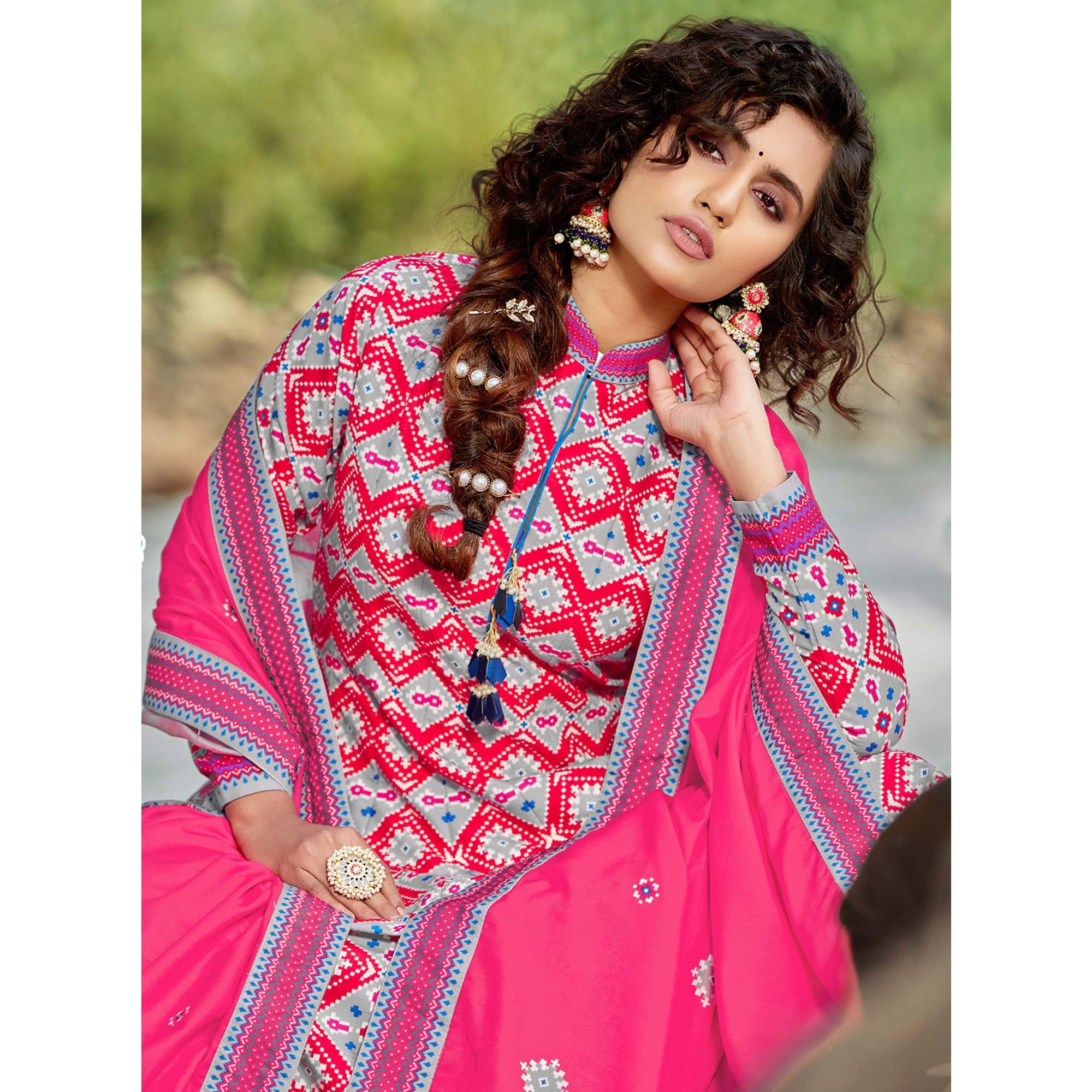 Pink Partywear Patola Digital Printed Killer Silk Anarkali Suit - Peachmode