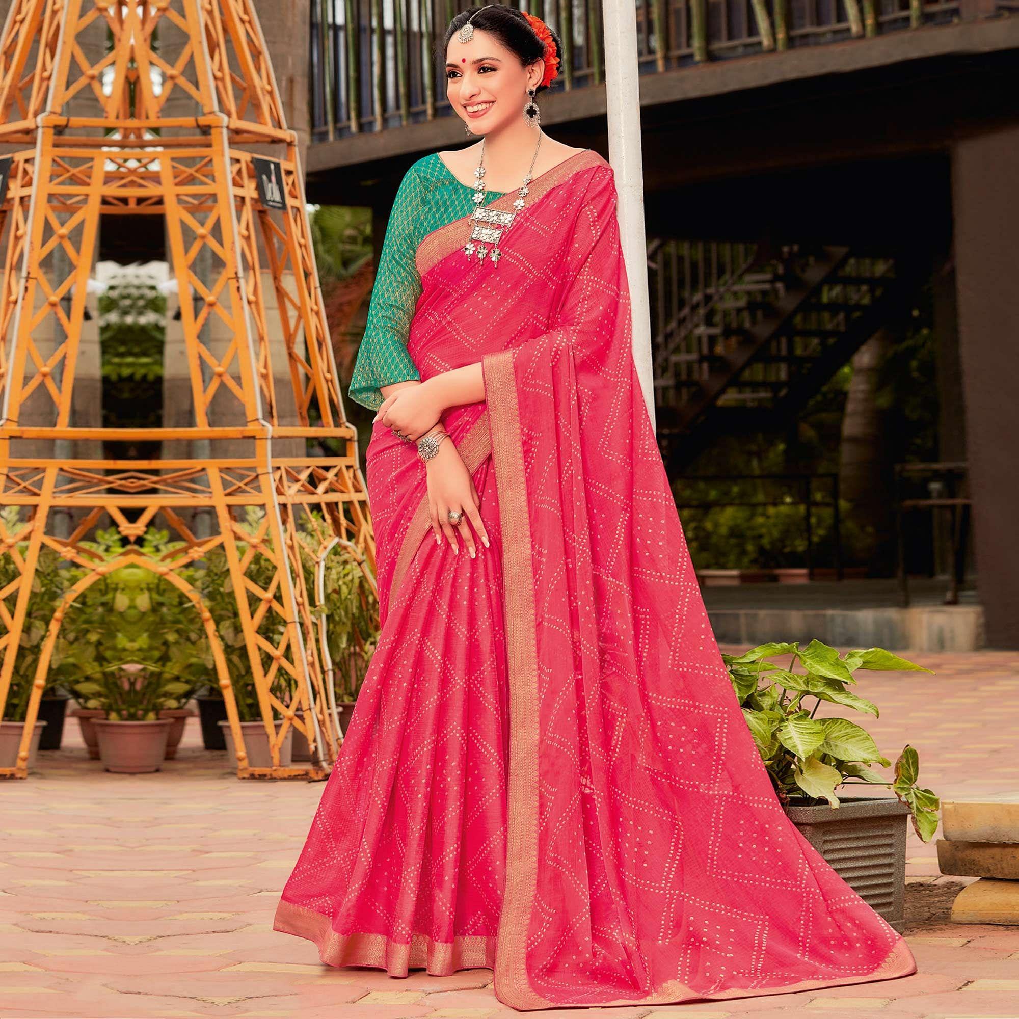 Pink Partywear Printed Chiffon Saree With Border - Peachmode