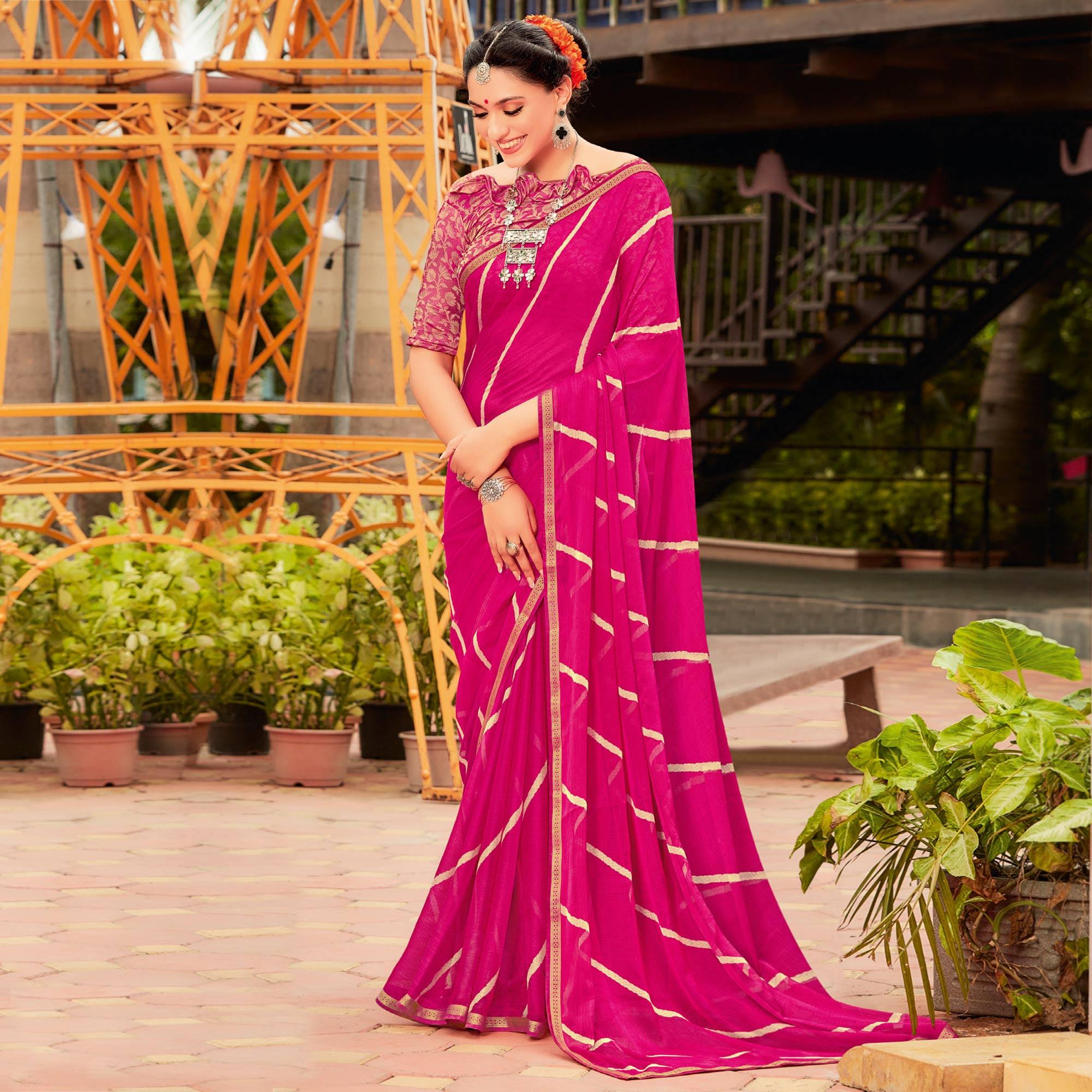 Pink Partywear Printed Chiffon Saree With Border - Peachmode