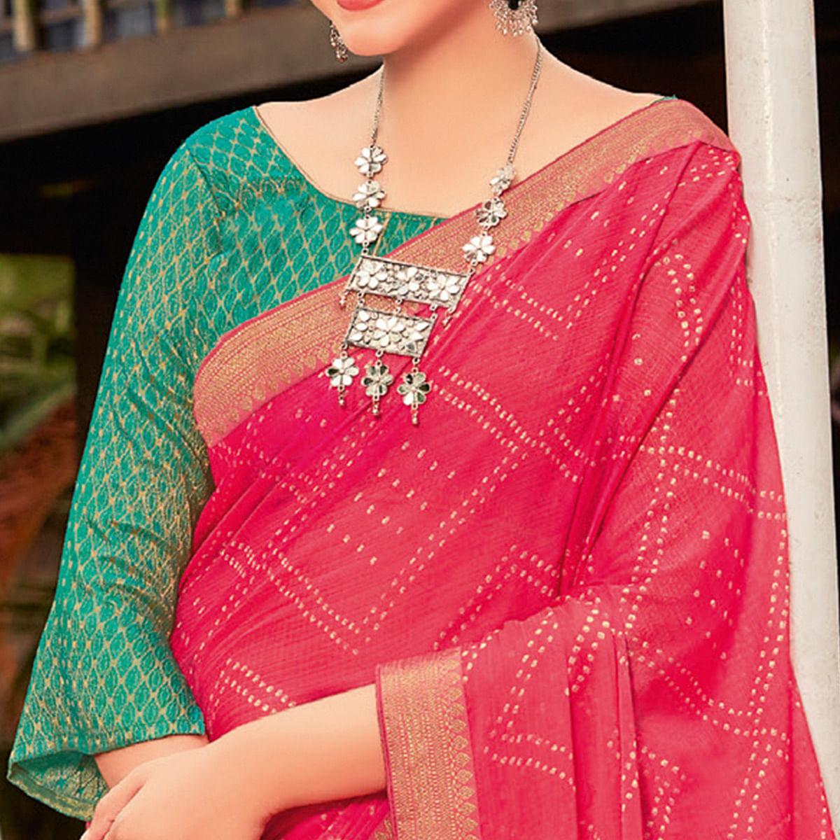 Pink Partywear Printed Chiffon Saree With Border - Peachmode