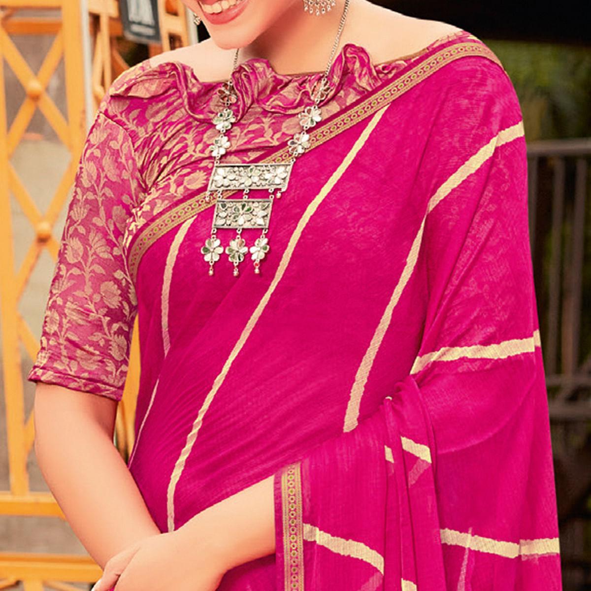 Pink Partywear Printed Chiffon Saree With Border - Peachmode