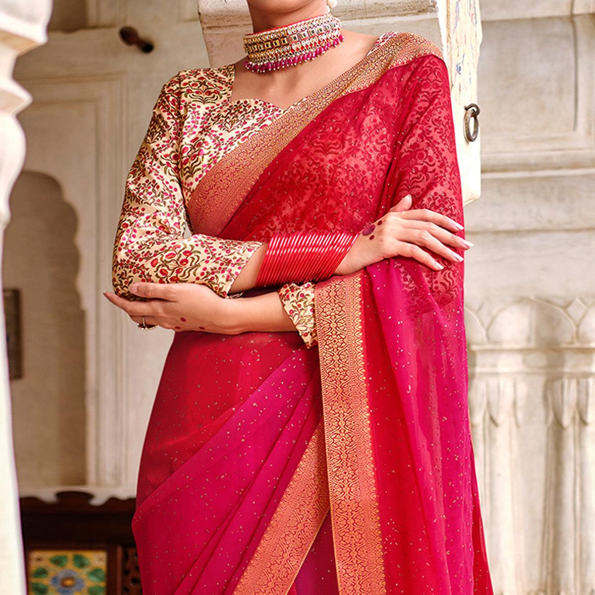 Pink Partywear Printed Georgette Saree With Gold Zari - Peachmode