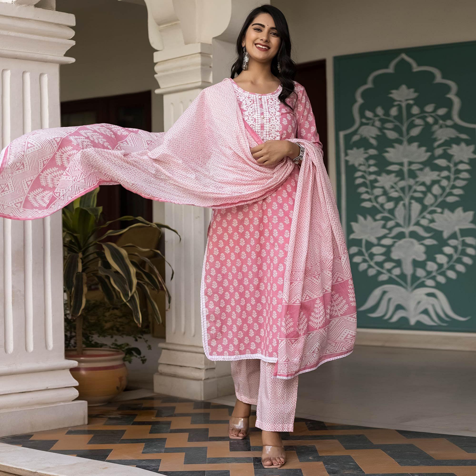 Pink Partywear Printed With Embroidery Cotton Kurti Pant Set - Peachmode