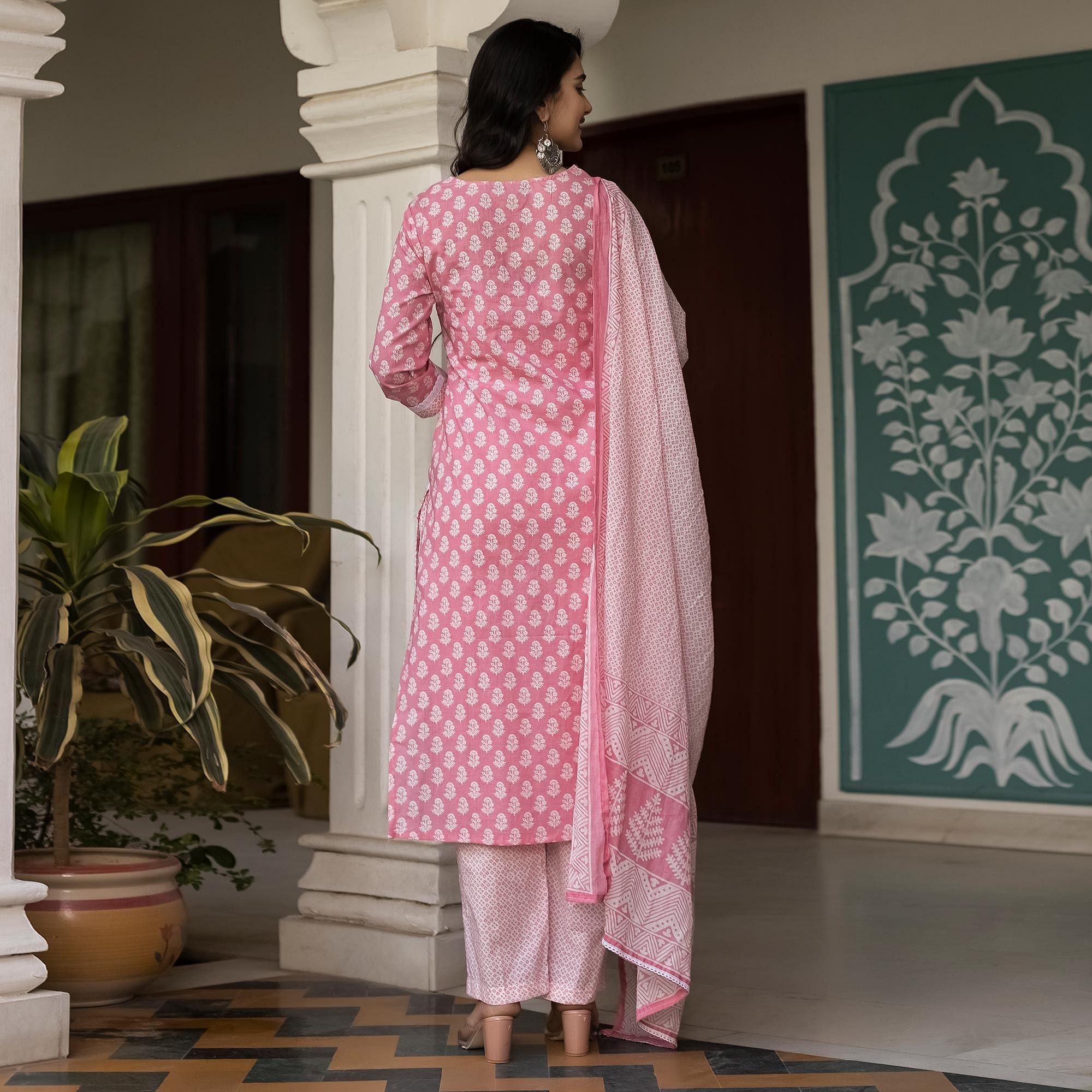 Pink Partywear Printed With Embroidery Cotton Kurti Pant Set - Peachmode