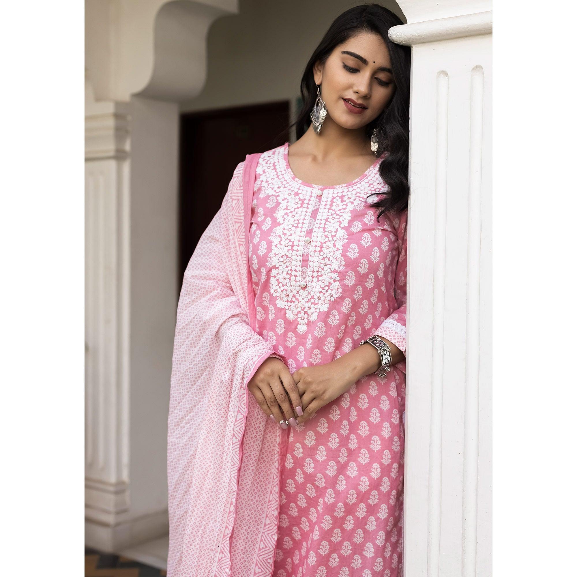 Pink Partywear Printed With Embroidery Cotton Kurti Pant Set - Peachmode