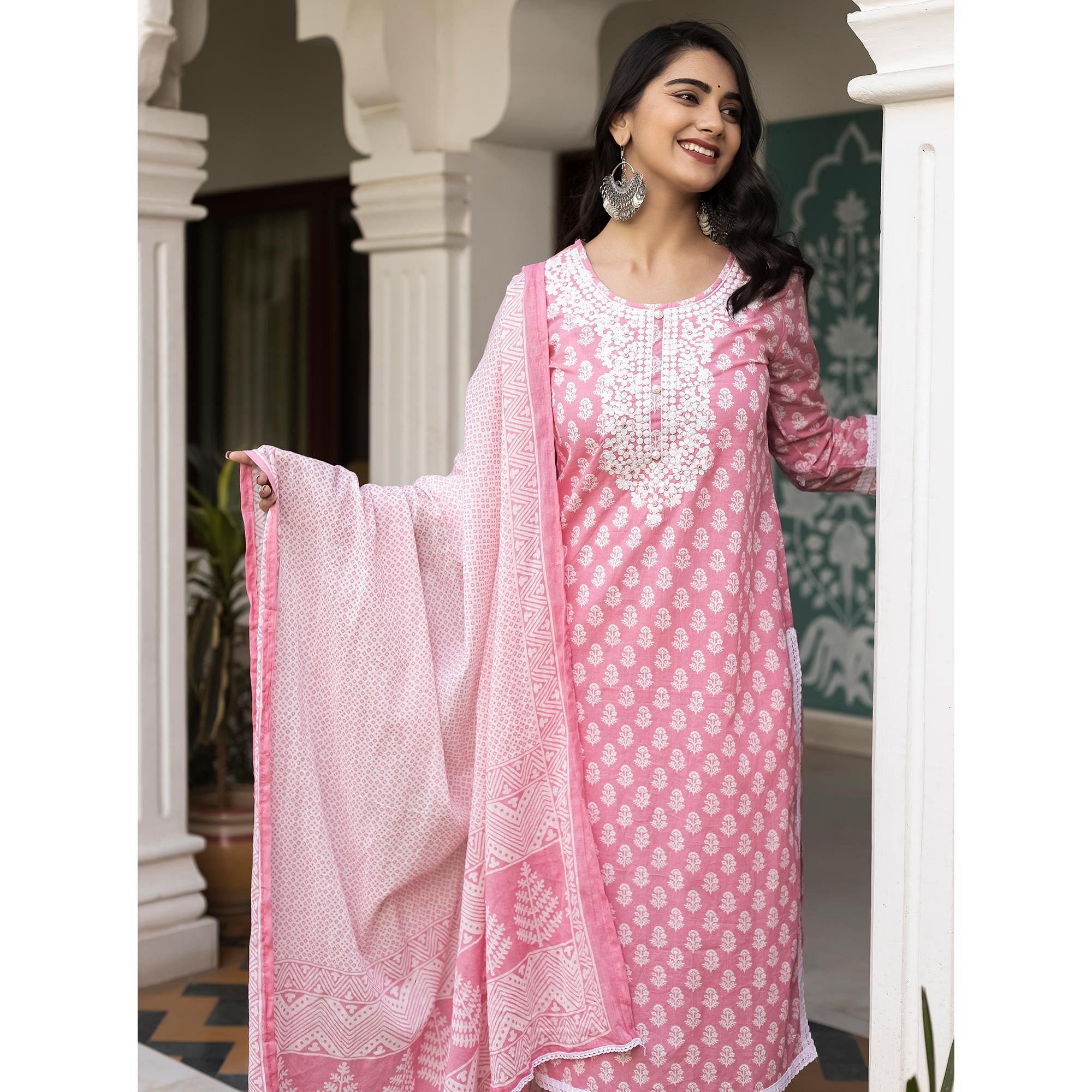 Pink Partywear Printed With Embroidery Cotton Kurti Pant Set - Peachmode