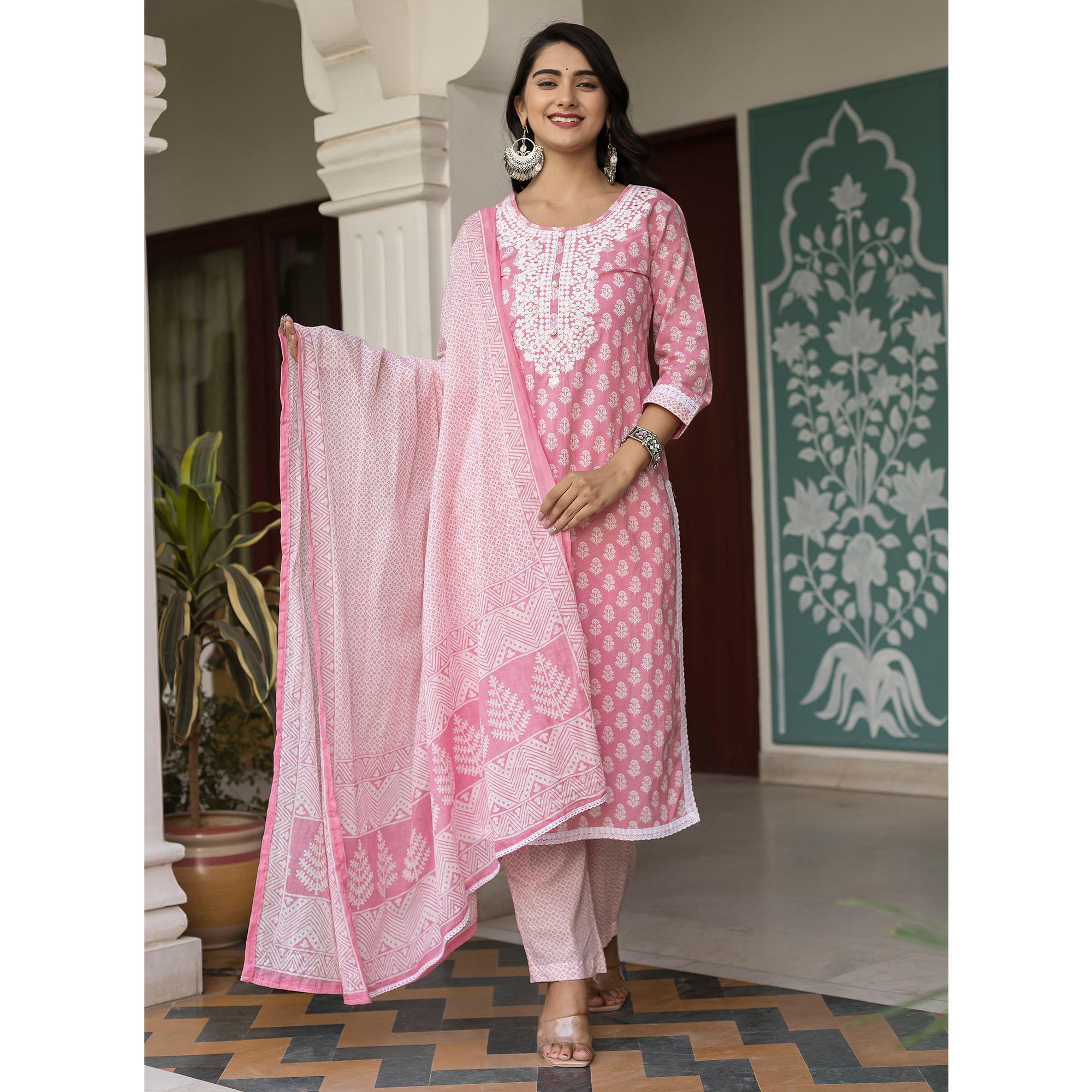 Pink Partywear Printed With Embroidery Cotton Kurti Pant Set - Peachmode