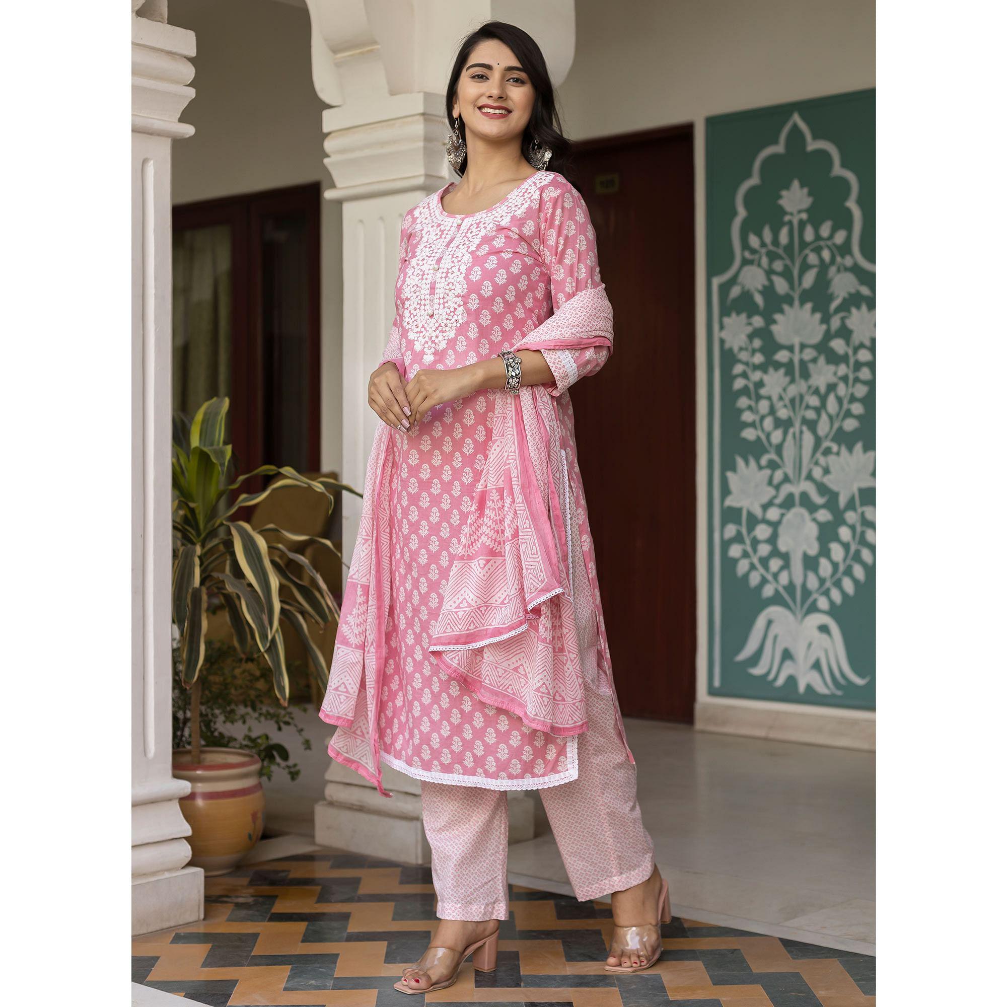 Pink Partywear Printed With Embroidery Cotton Kurti Pant Set - Peachmode