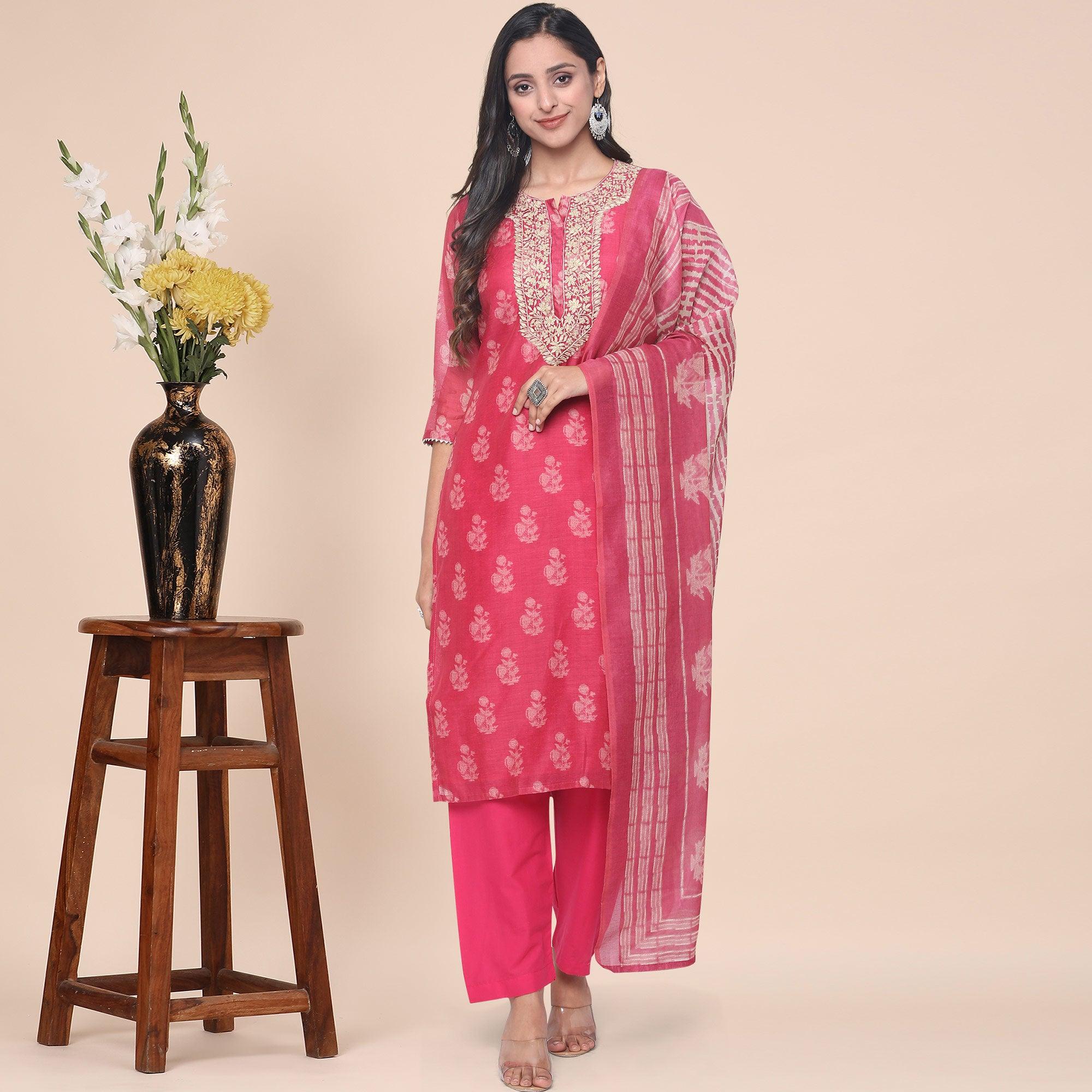 Pink Partywear Printed With Gotta Patti Muslin Kurti Pant Set With Dupatta - Peachmode