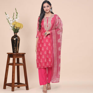 Pink Partywear Printed With Gotta Patti Muslin Kurti Pant Set With Dupatta - Peachmode